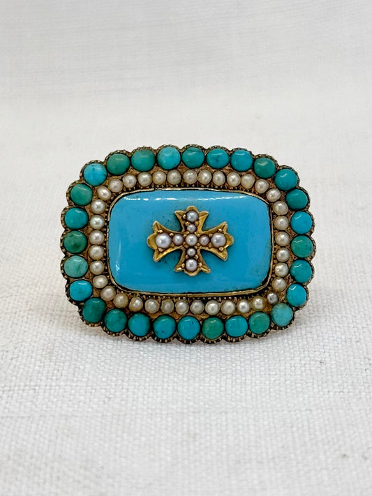 .15ct .1800s antique late Georgian early Victorian rare and magnificent Turquoise Pearl enamel high carat gold Maltese cross brooch pin