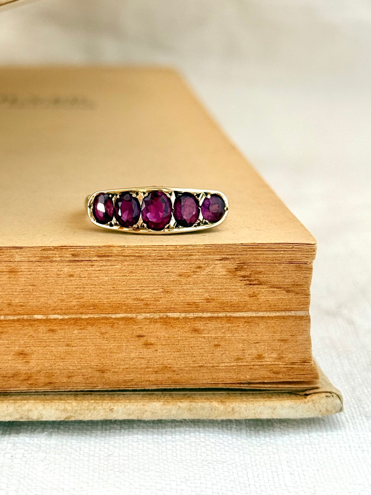 .14ct .1900s .1910s antique heirloom Pink Ruby 5 stone across Edwardian yellow gold half eternity boat ring dress ring