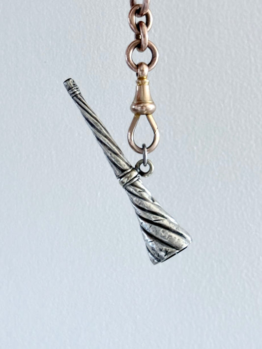 .1880s .1890s antique banded agate silver watch winder key Trumpet Shape horn of plenty Cornucopia pendant with banded Black Agate Gemstone accent