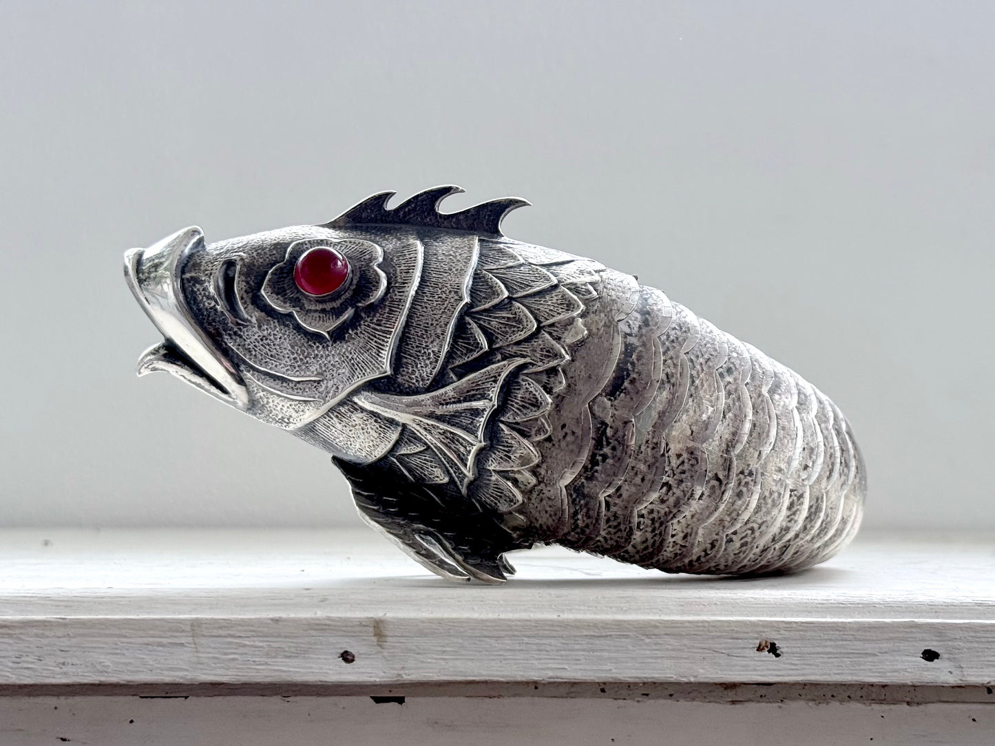 .1940s .915 articulated life sized hand made solid Spanish silver Large and magnificent artisan made Carb Fish rare treasured silver figural art statue