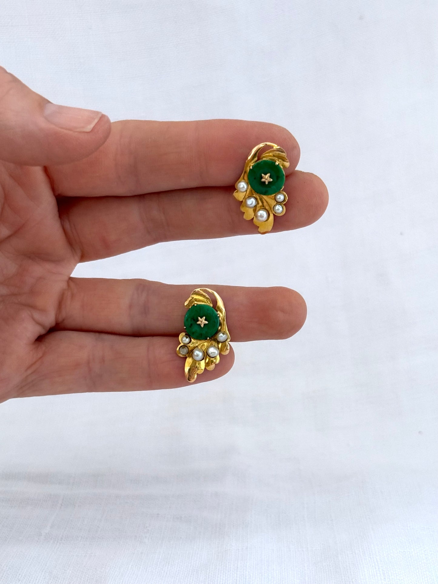 .14ct .1920s Apple Green Art Deco era Chinese Jade and pearl high yellow carat gold leaf earring with Apple green Jadeite star set seed pearl Chinese 1920s era antique high carat gold post stud earrings