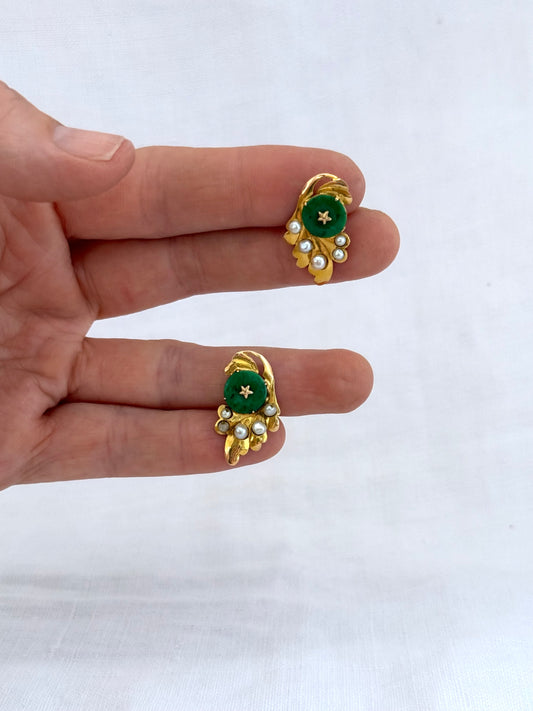 .14ct .1920s Apple Green Art Deco era Chinese Jade and pearl high yellow carat gold leaf earring with Apple green Jadeite star set seed pearl Chinese 1920s era antique high carat gold post stud earrings