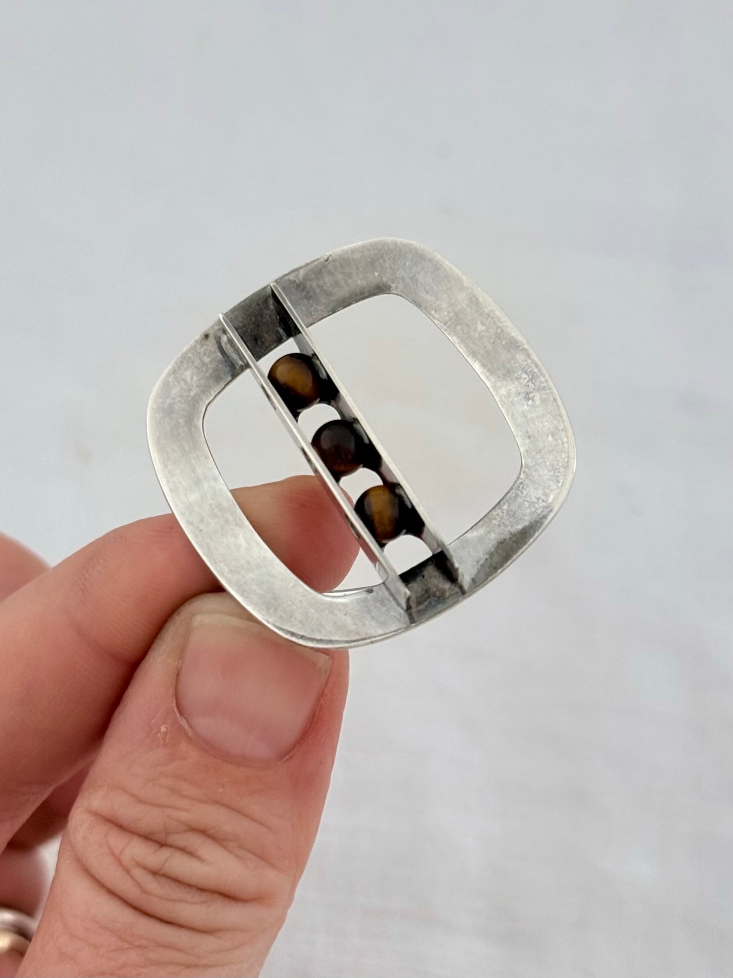 .1970s .925 Finnish designer Kultaseppa Salovaara Tigers Eye gemstone Modernist Mid Century Modern sterling silver brooch