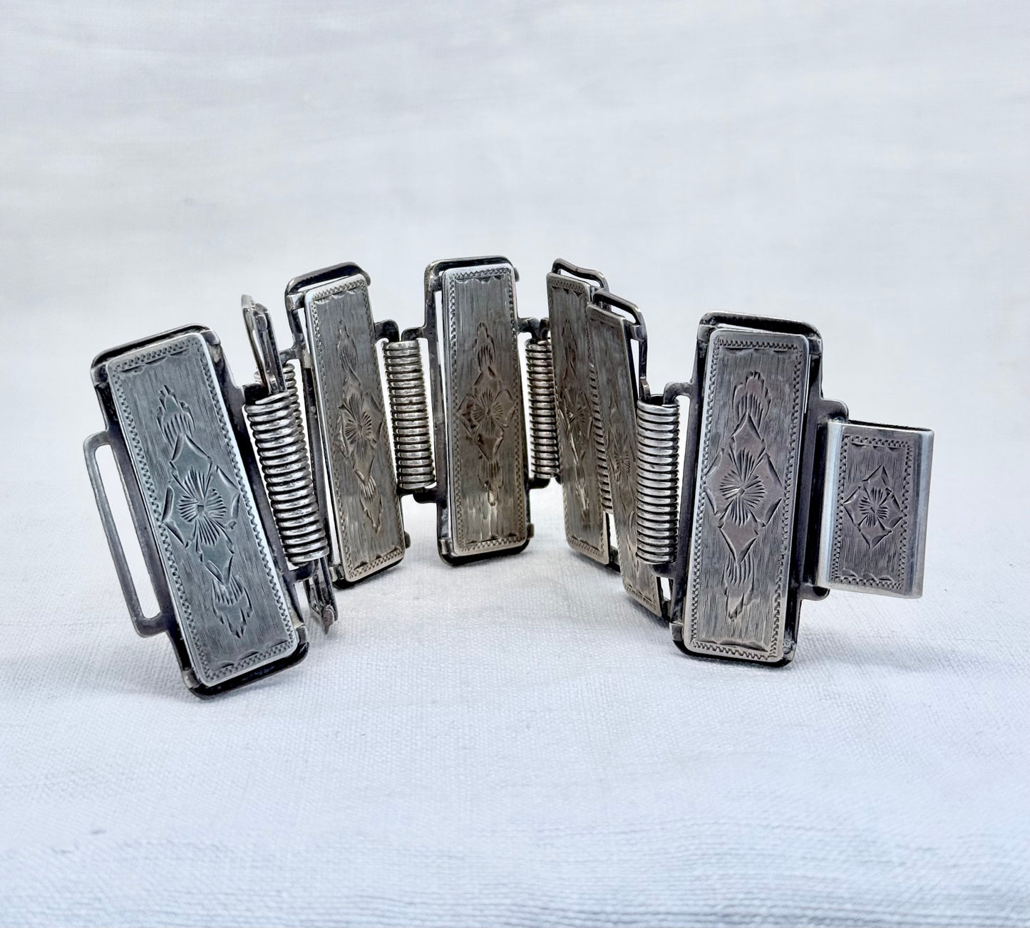 .1880s .1890s .925 Aesthetic Victorian era wide link and solid silver etched panel bracelet