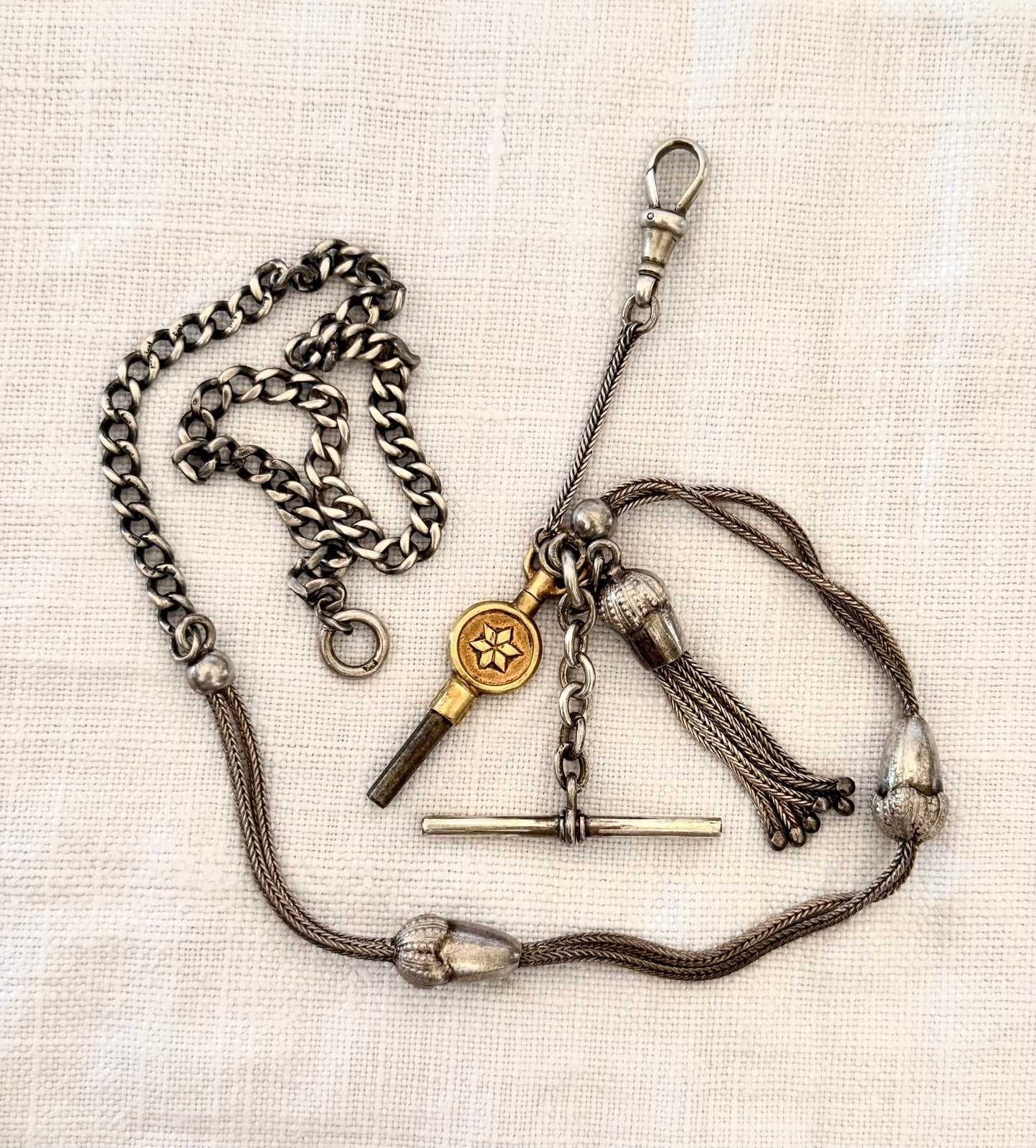 .1890s .1910s .925 antique rare Belle Epoque fancy Acorn lucky token Albertina chain hallmark silver fob chain necklace with Etruscan revival tassel fob and brass watch winder key dangles