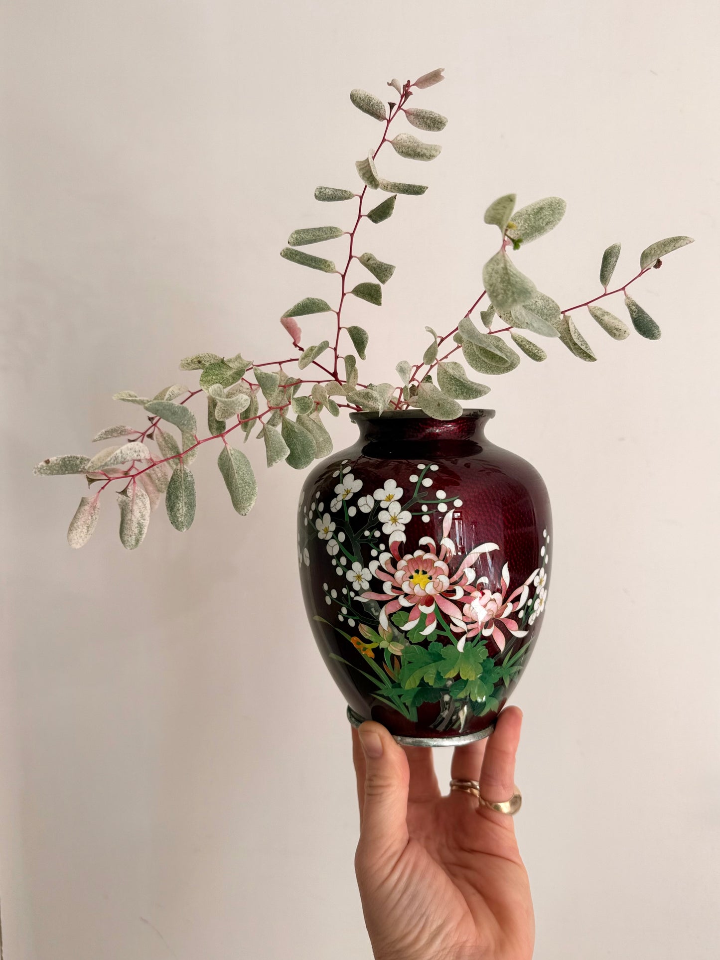 .1900s .1960s authentic Oriental fine Japanese collectors Cloisonne Ginbari floral Pigeon Blood red Akusake Enamel Ginger vase large flower vase