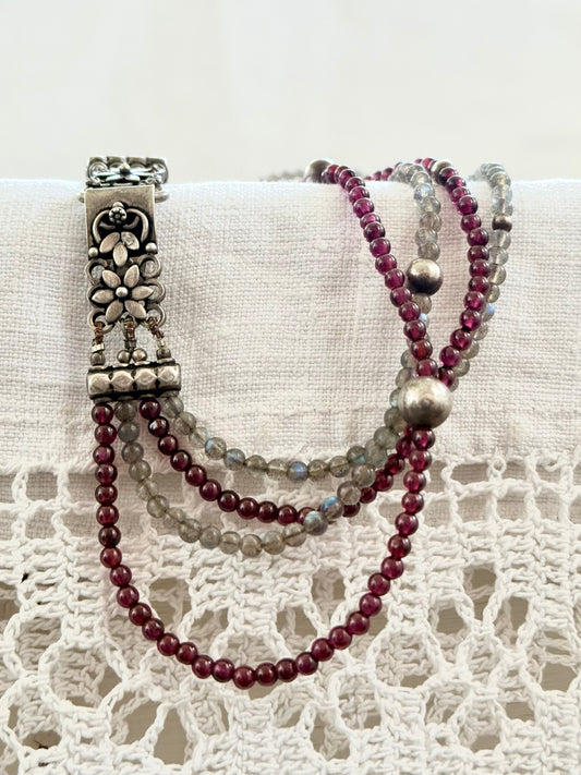 .4 strand gemstone .925 Indian style Garnet Labradorite gemstone necklace