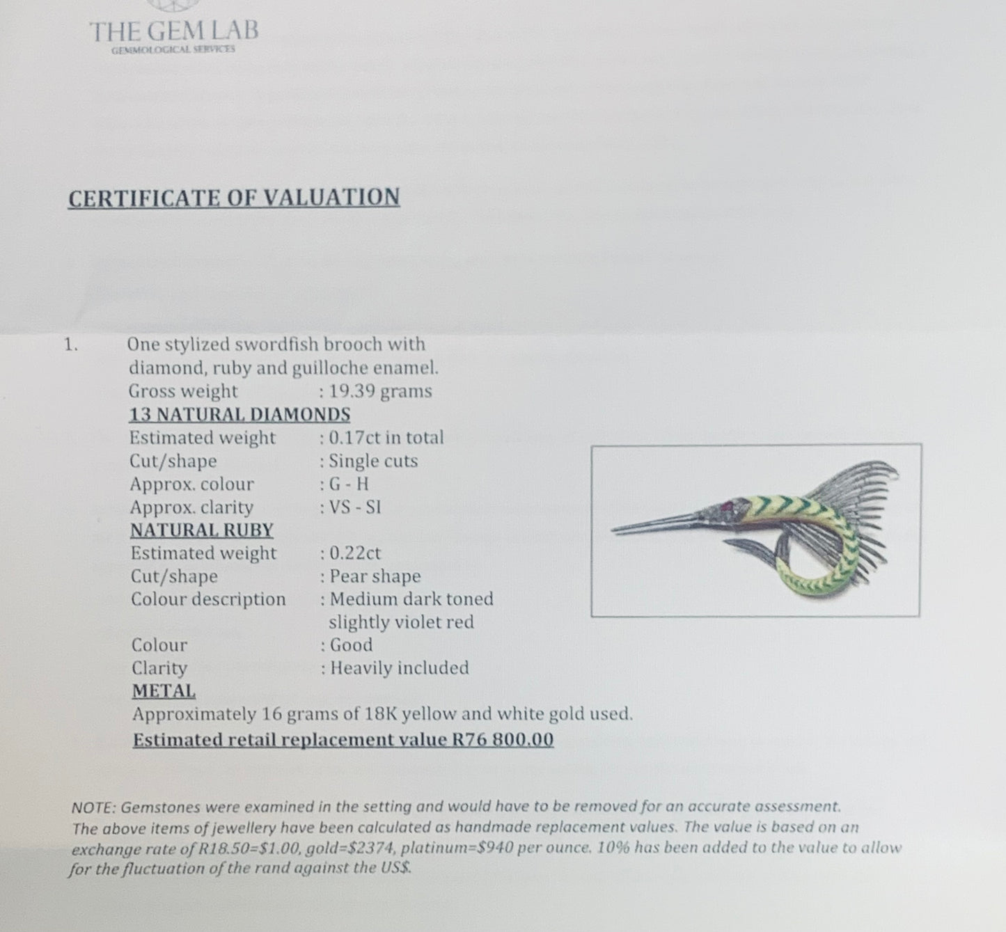 .1940s .18ct .750 high carat Swordfish Diamond, fine Enamel and Ruby Marlin Fish artisan made 750 18k gold dress brooch