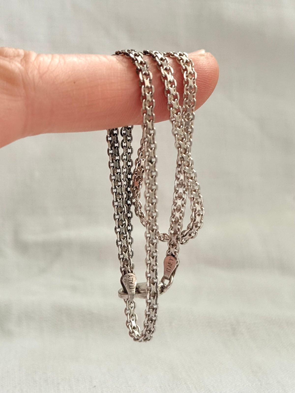 .1960s .1970s .925 modernist geometric form fancy form star form flat link track link segment link solid silver fancy chain necklace