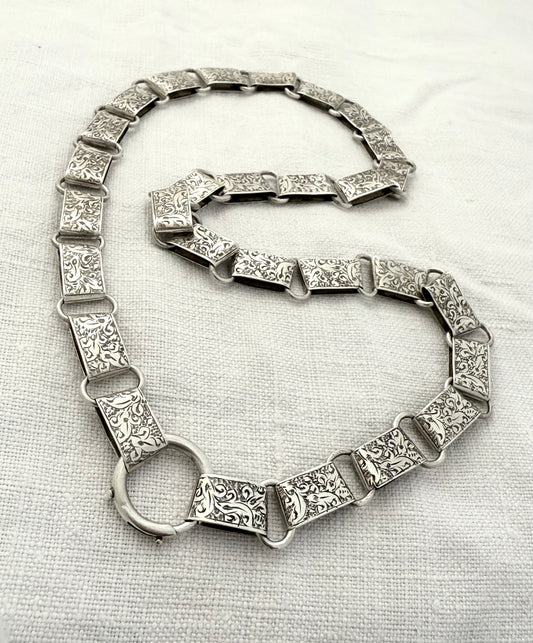 .925 1880s 1890s antique Victorian era rare and beautiful sterling silver hand engraved book chain collar necklace