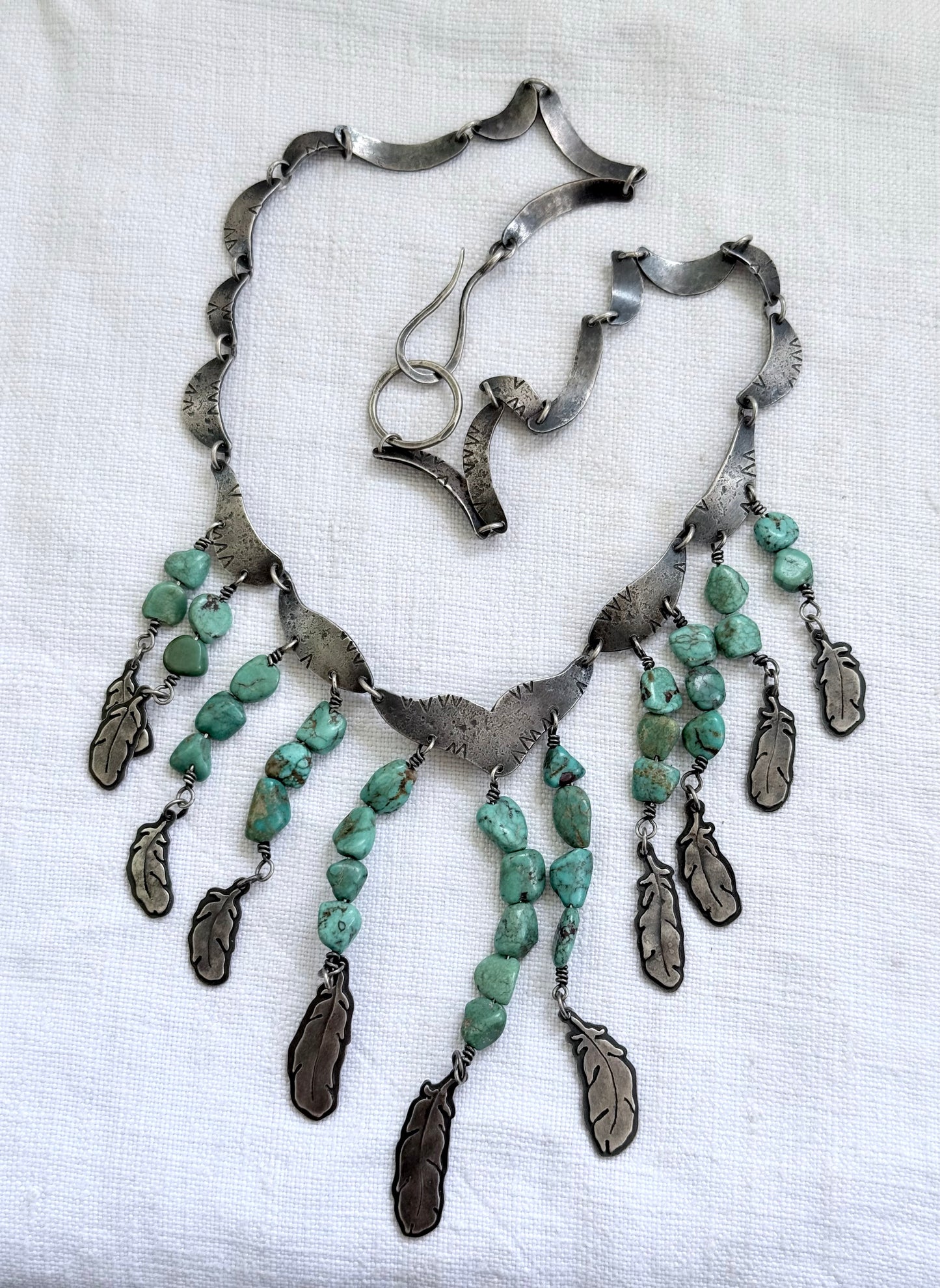 .925 artisan vintage Navajo silver feather traditional collectable collectors cascade necklace