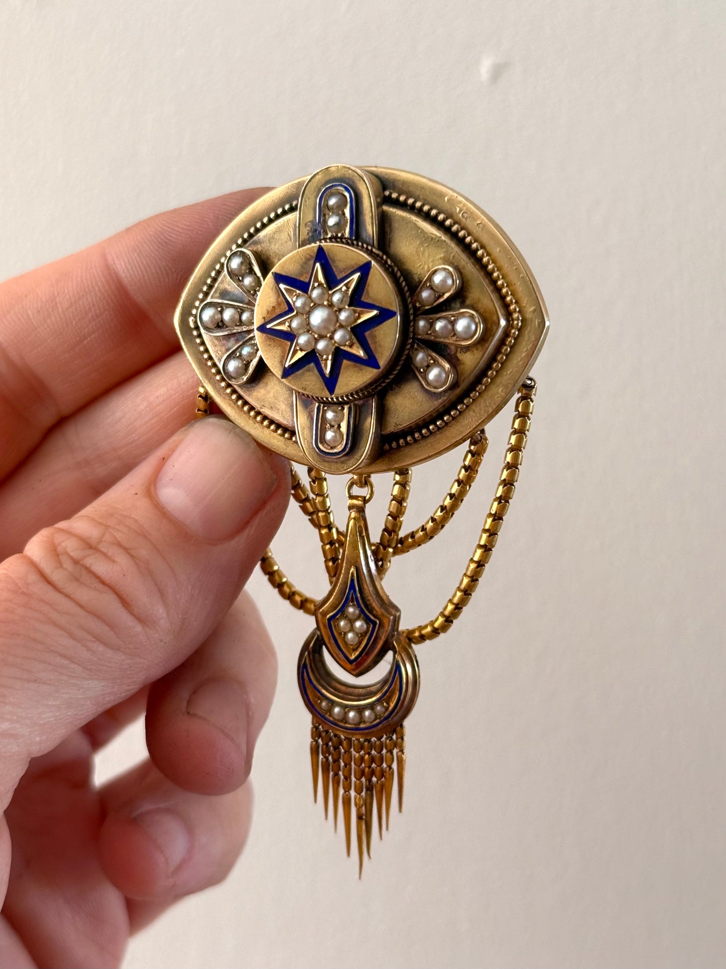 .1800s antique Etruscan revival high carat gold pearl royal blue enamel high carat gold tassel memorial Victorian rare heirloom navette shaped gold brooch