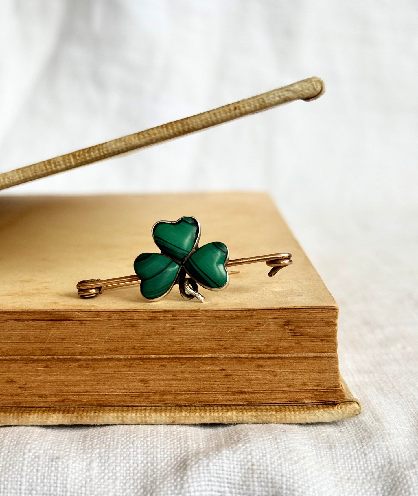 .1900s .1910s Clover Lucky token Malachite green gemstone three leaved faith token sweetheart brooch