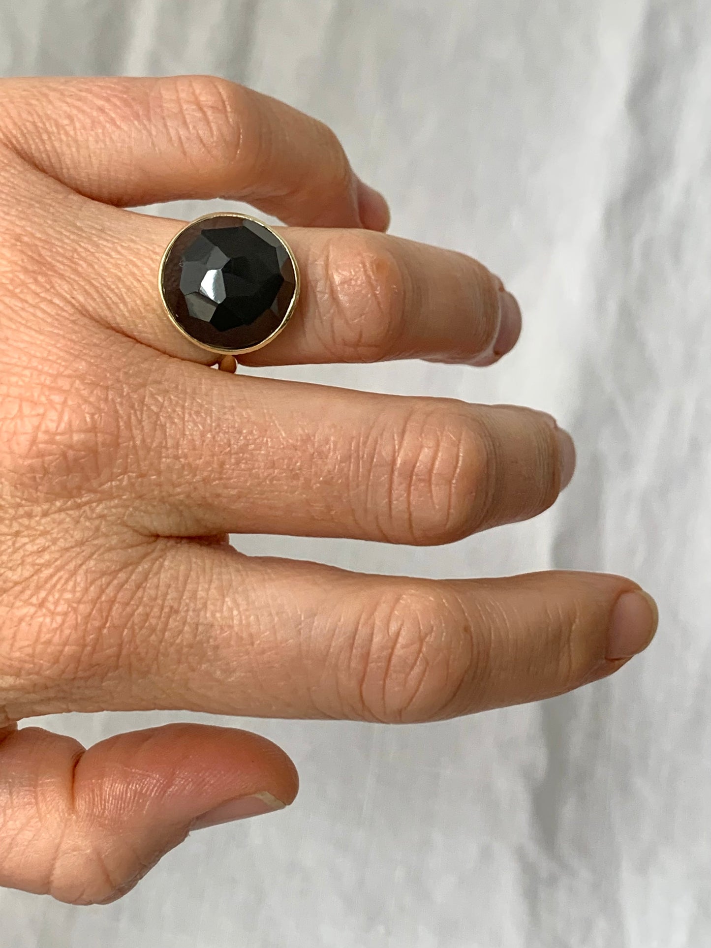 .375 9.88ct Grey Moonstone 9ct gold faceted Grey Moonstone cabochon modernist gold accent cocktail gemstone ring