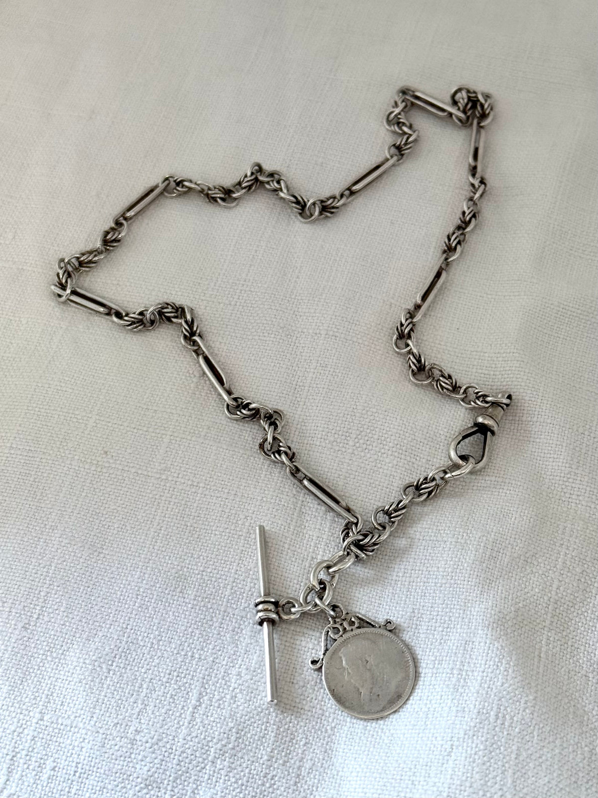 .1888 .1897 .925 antique solid silver fancy Albert fob chain Lovers Knot Trumpet link Paper clip link hallmarked sterling silver Victorian era double love knot watch chain necklace