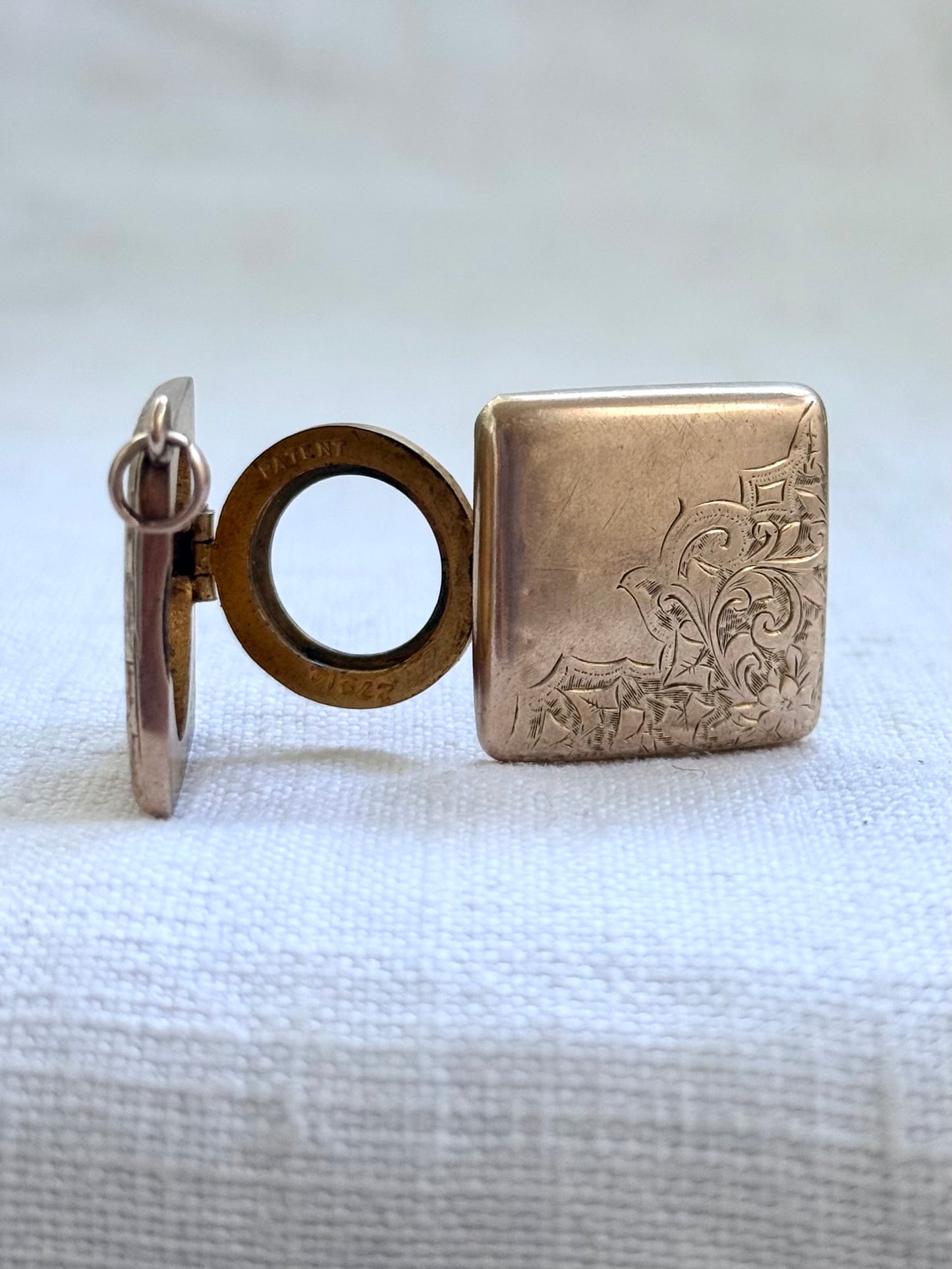 .1890s .1900s .375 .9ct antique rare concertina accordion tri fold Square Diamond hang sweetheart double sided engraved memory keepsake gold photo locket