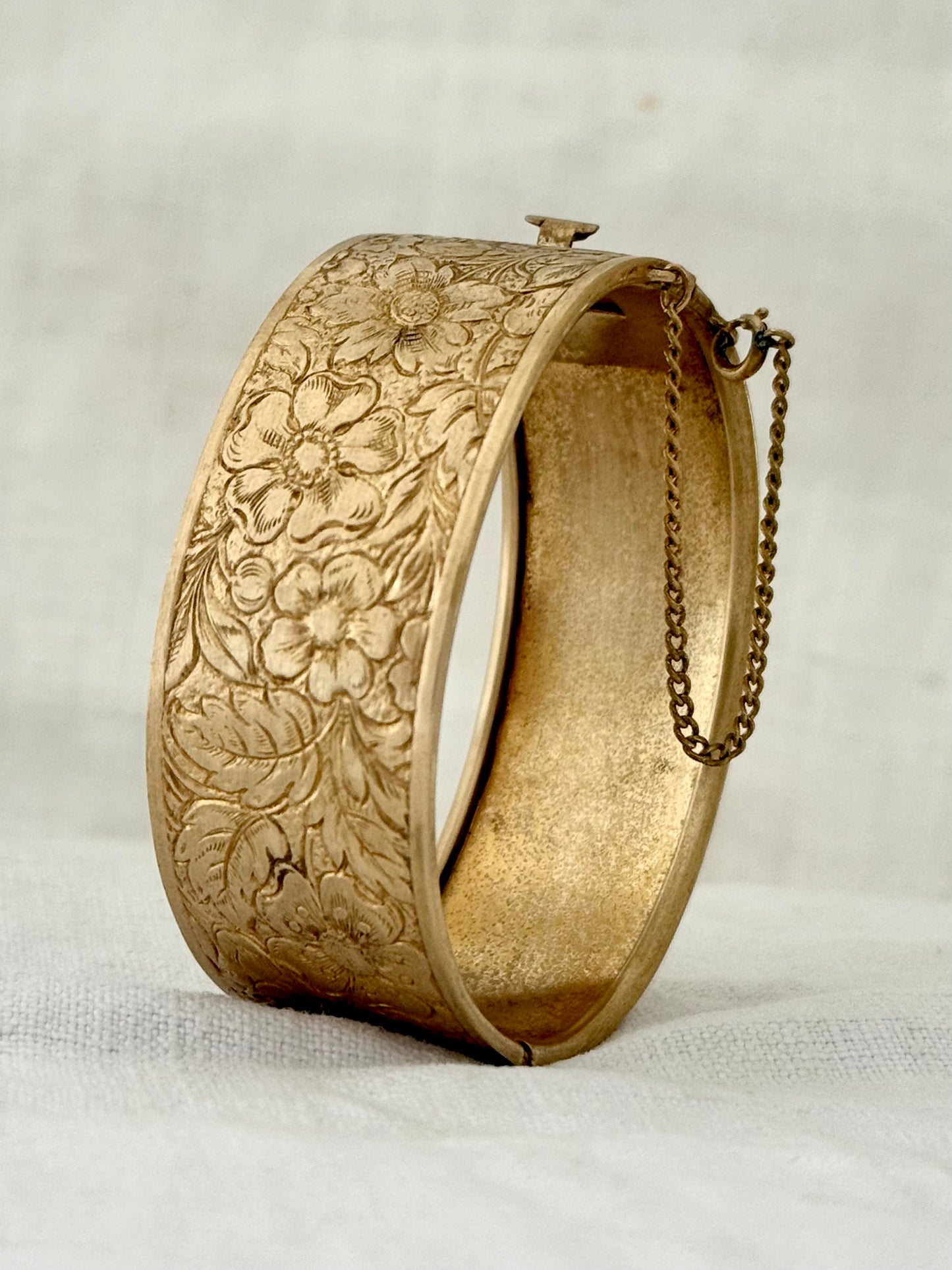 .1900s .1940s Victorian revival Dog Rose floral flower hand engraved gold plated brass romantic clasp bangle