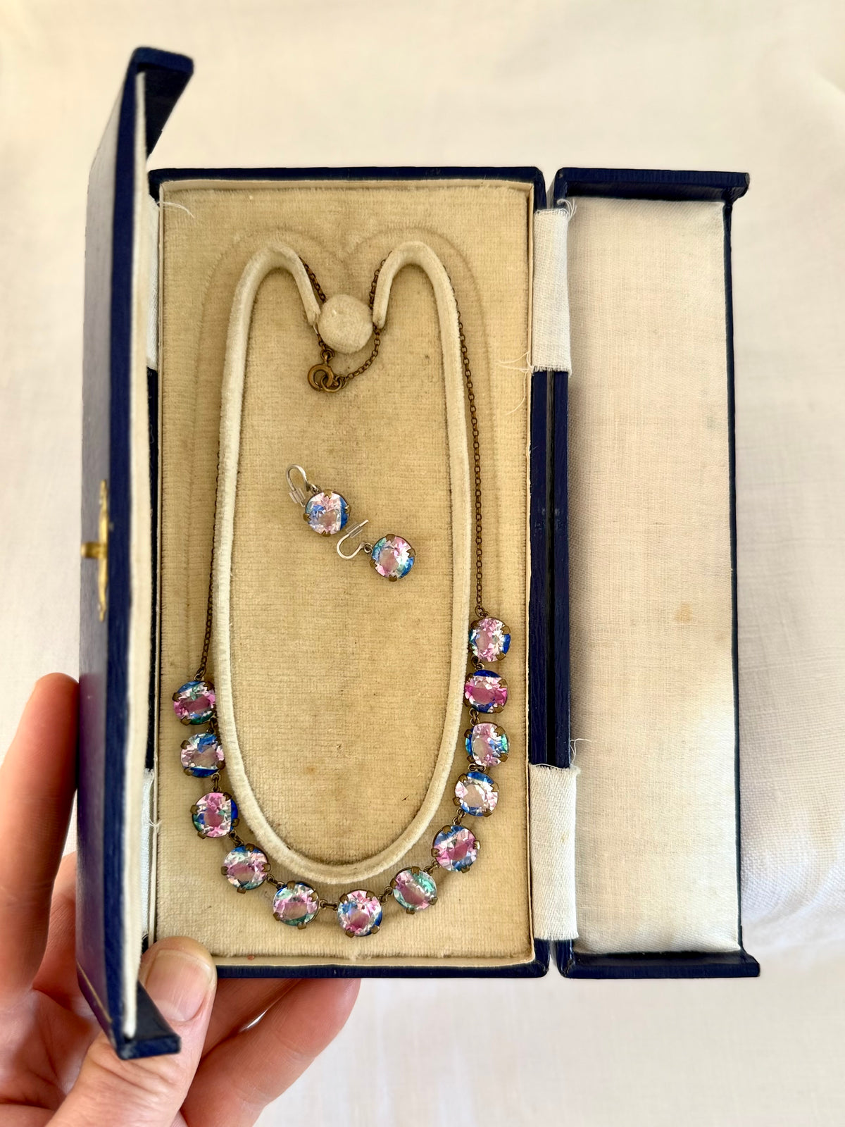 .1920s .1930s Iris Glass Riviera necklace and earring set in original presentation box