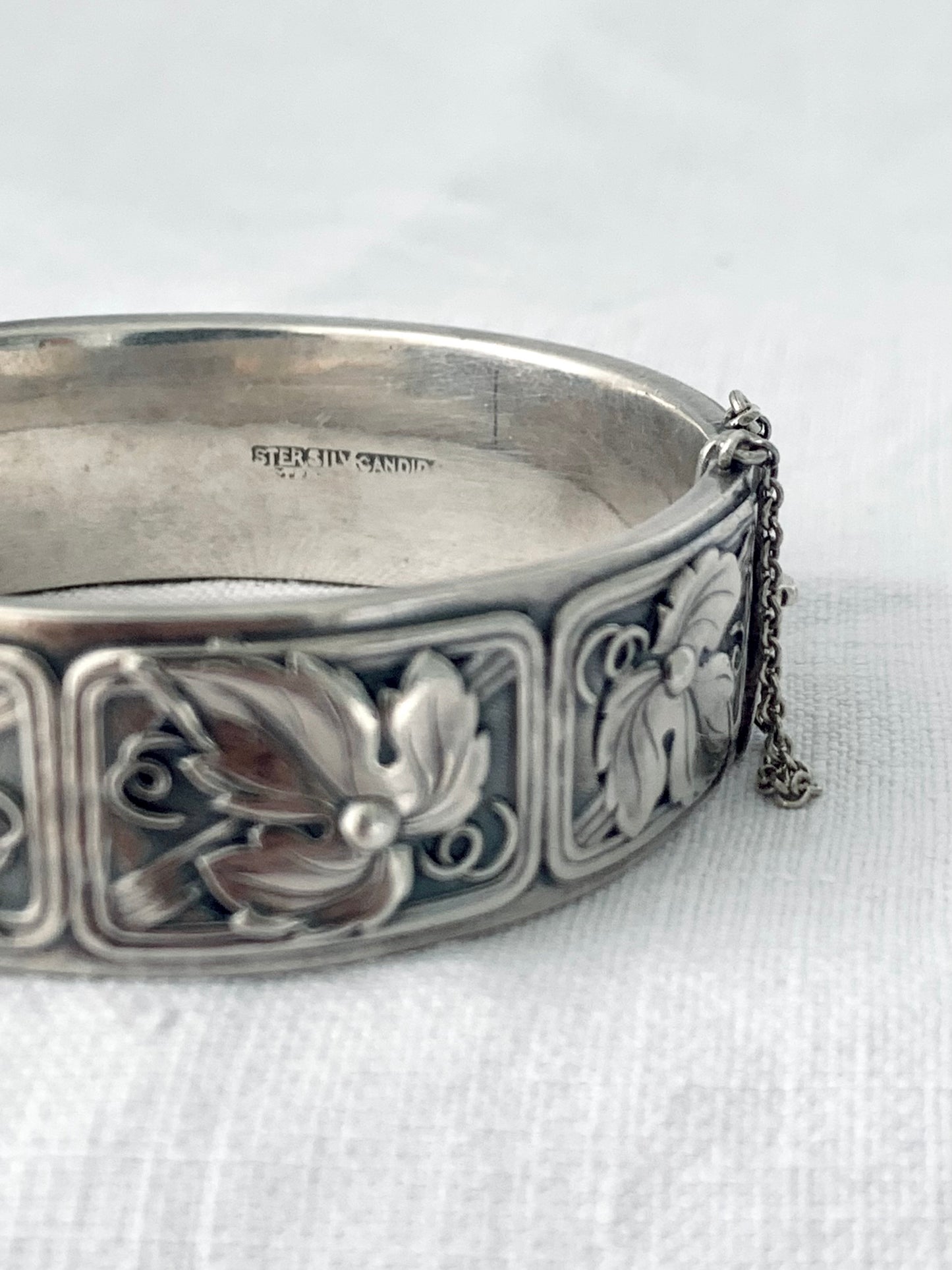 1950s 1960s 925 Candida designer Grape vine leaves Sterling Silver collectors Candida modernist Joe Calafato South African clasp bangle