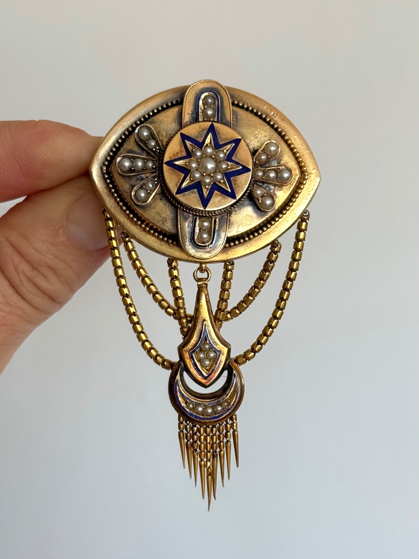 .1800s antique Etruscan revival high carat gold pearl royal blue enamel high carat gold tassel memorial Victorian rare heirloom navette shaped gold brooch