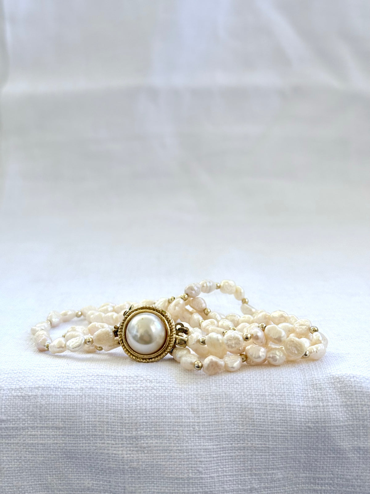 .4 strand .925 silver Gold Plated freshwater rice pearl multi strand vintage 1970s style pearl bracelet