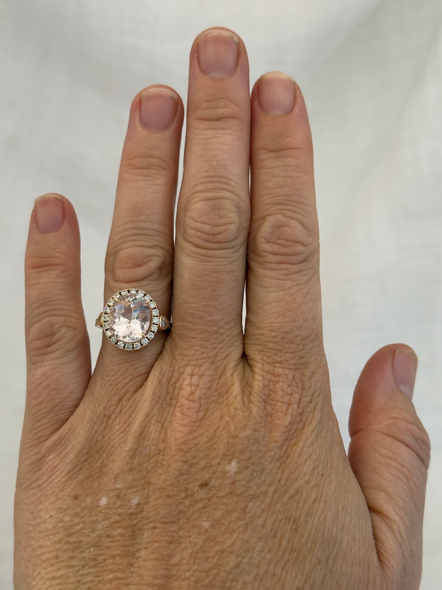 0.85ct 30 Diamond and Browns designer large Oval Pink Morganite gemstone 18ct luxury gold halo ring