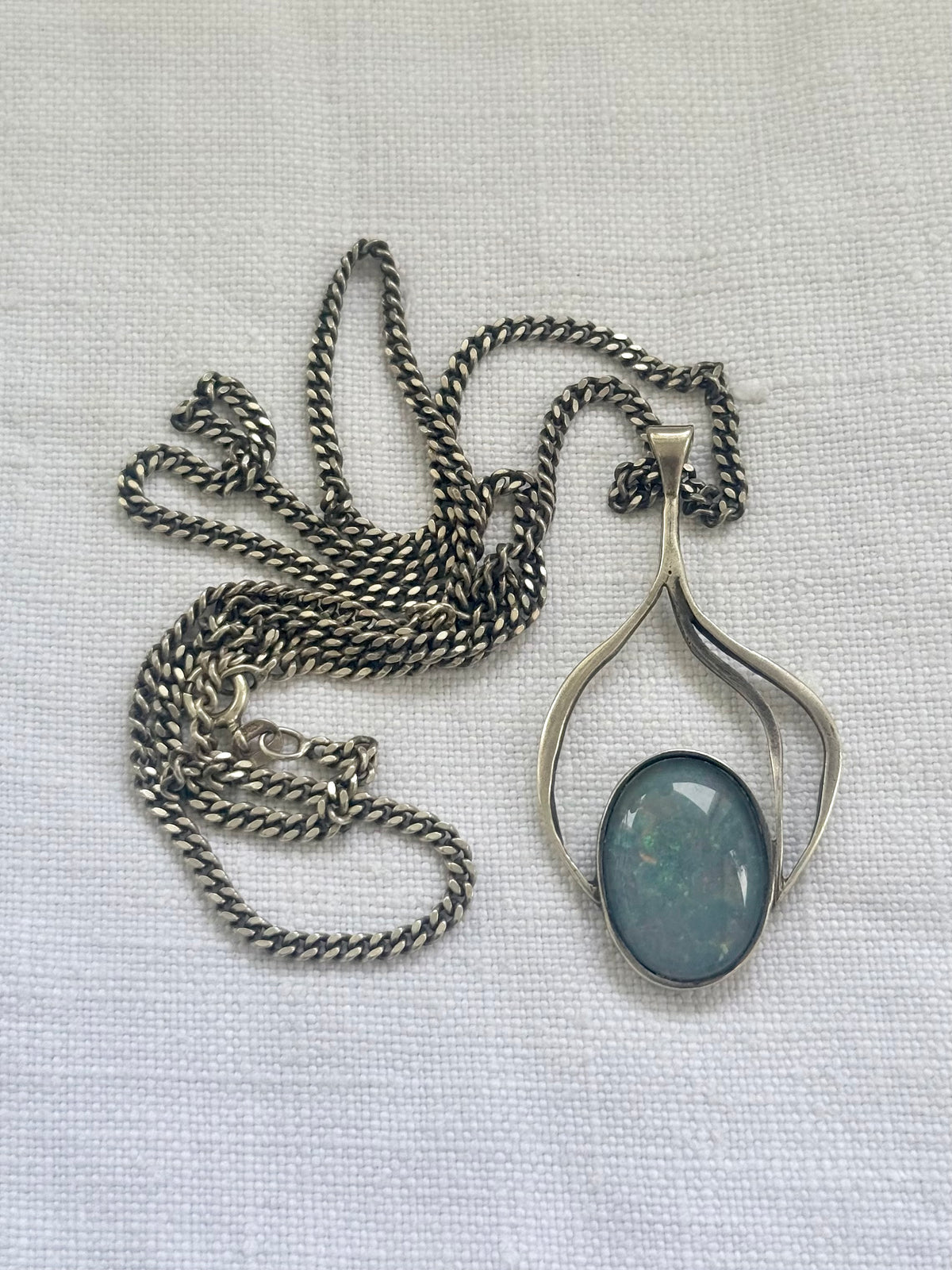 .1970s .925 modernist Blue Galaxy Opal gemstone pendant on solid retro flat curb chain necklace