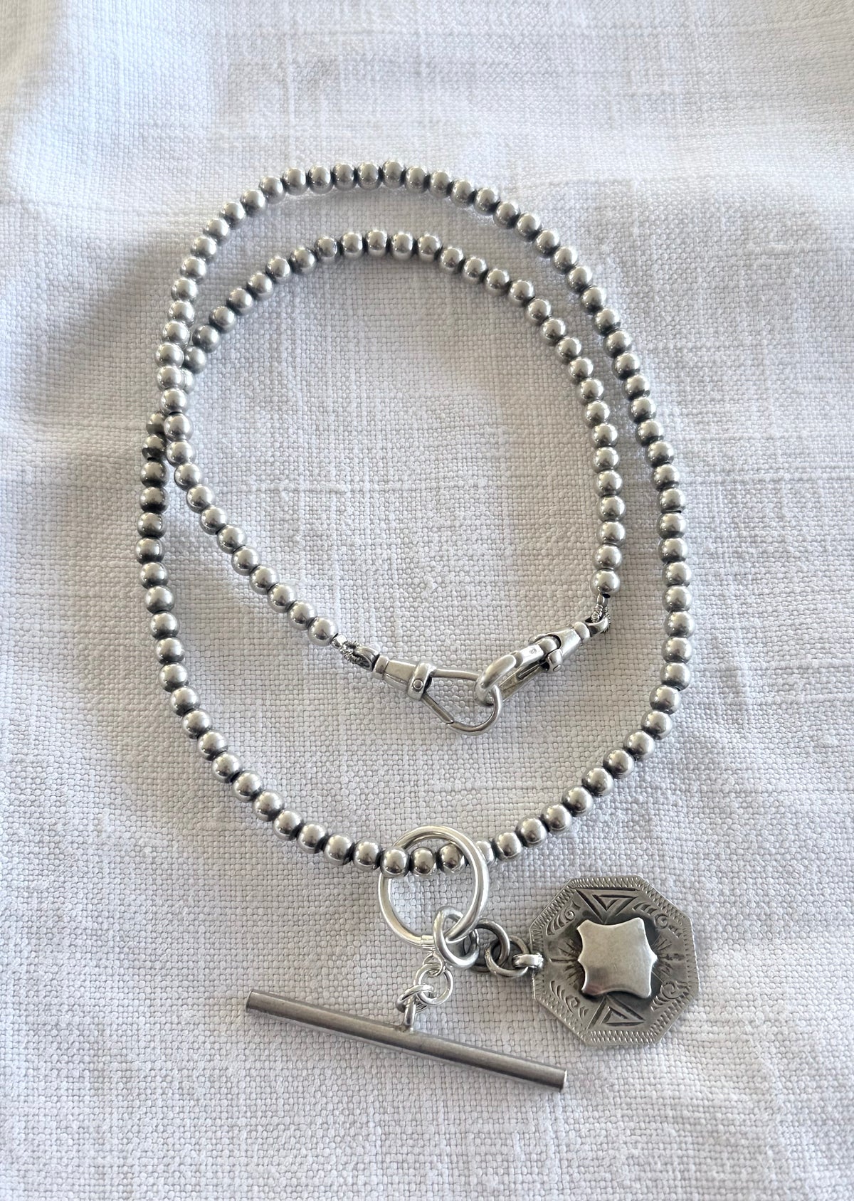 .925 antique revival modernist sterling silver bead chain fob chain t-bar medallion toggle chain necklace