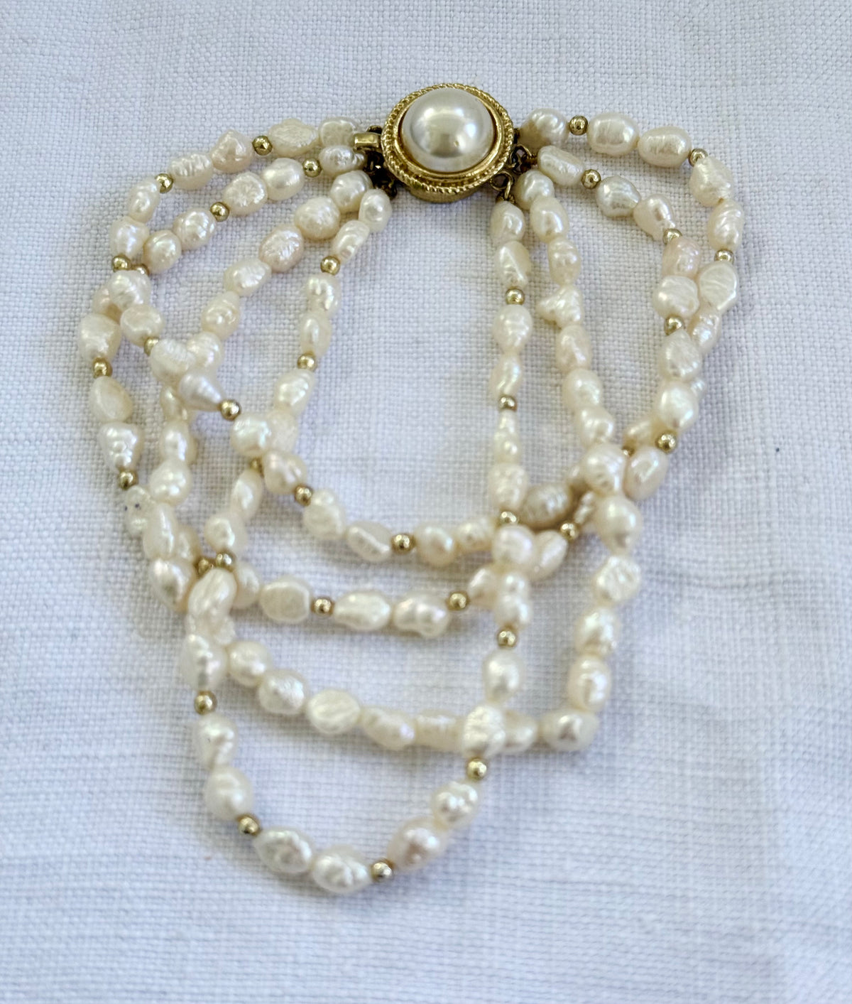 .4 strand .925 silver Gold Plated freshwater rice pearl multi strand vintage 1970s style pearl bracelet