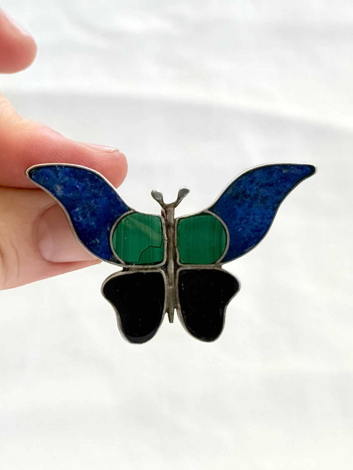 .1970s .1980s .925 South American Arts & Crafts Lapis Lazuli, Onyx, Malachite gemstone large butterfly brooch pendant treasure