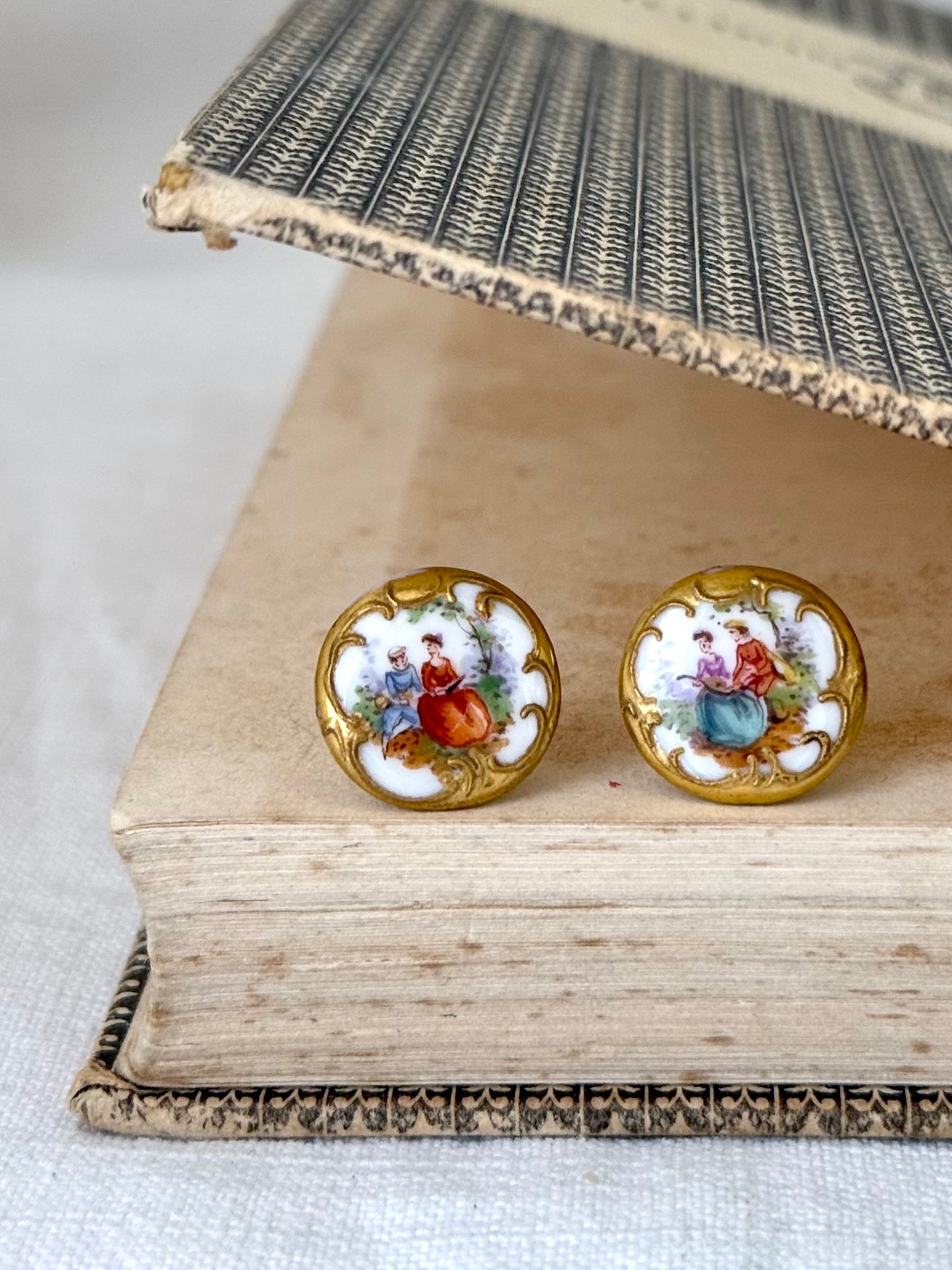 .1940s era Limoges hand painted romantic vintage porcelain button earrings