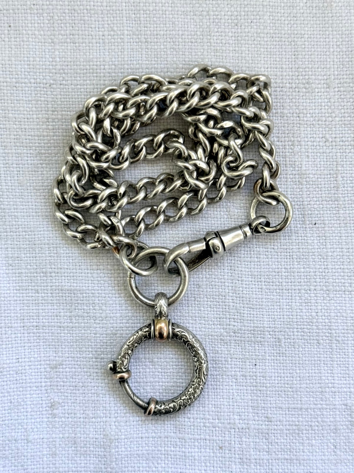 .1900s .1910s .900 .925 silver antique Edwardian solid sterling silver fob chain watch chain curb chain with rare fancy oversized bolt ring spring clasp