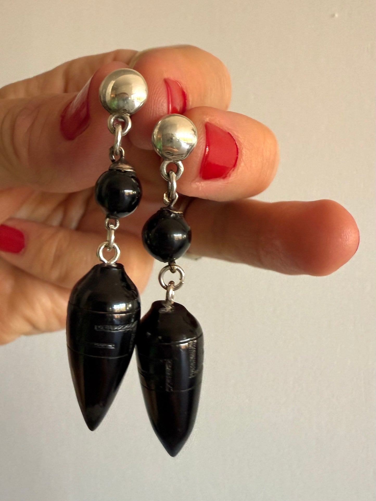 .1860s 835 silver Hellenistic revival Victorian Whitby Jet torpedo drop earrings