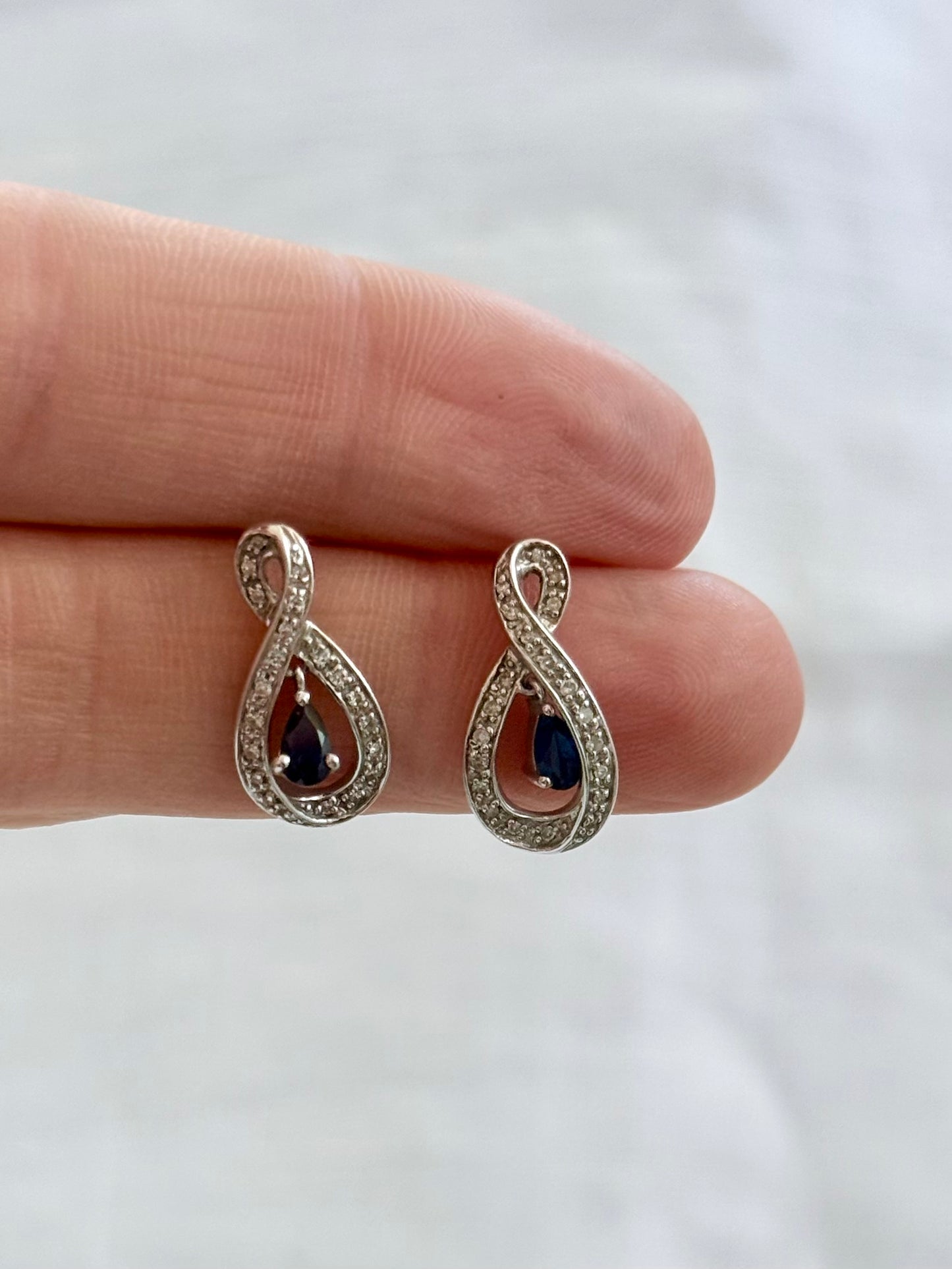 .375 .42 diamond .2 sapphires .9ct white gold infinity teardrop luxury post stud dangle diamond and sapphire push in earrings
