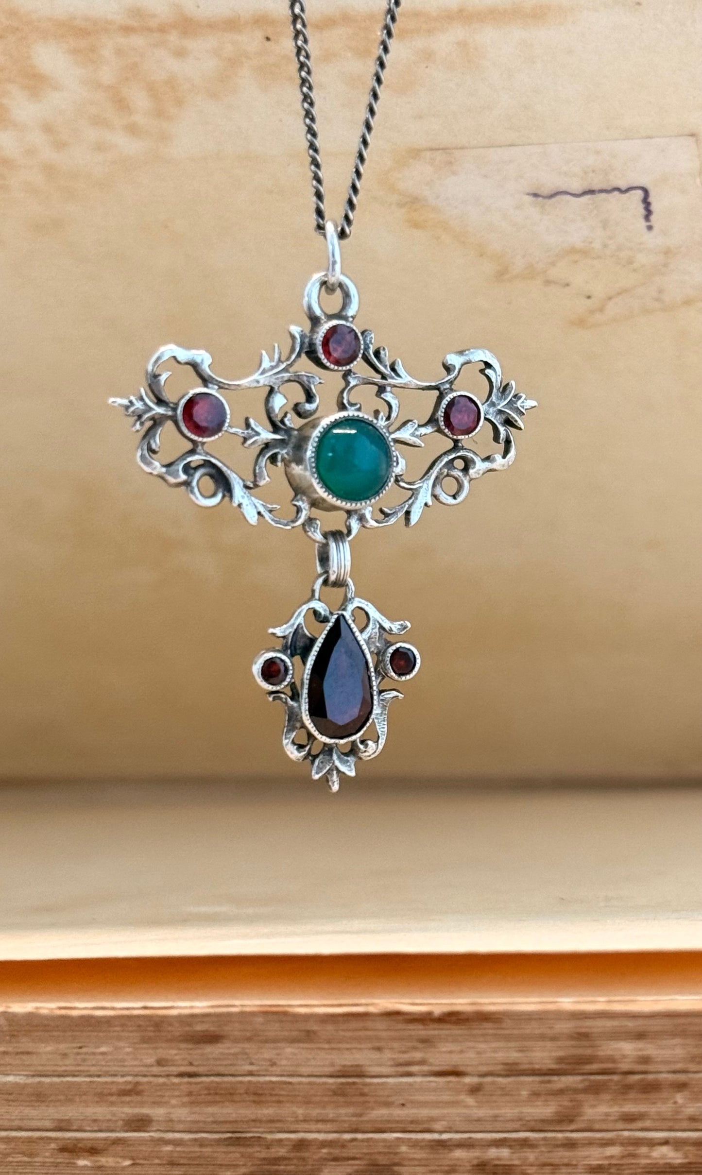 .1800s Antique Austro-Hungarian rare Garnet and Chrysoprase gemstone collectors treasure Victorian era silver lavaliere fancy filigree pendant