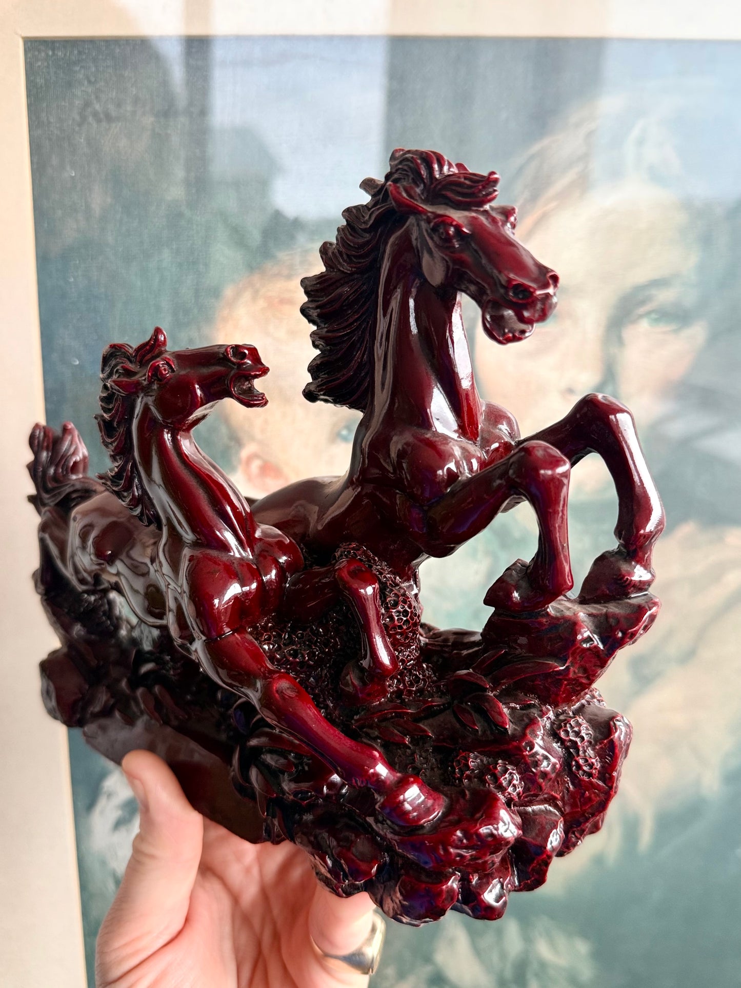 .1950s Chinese vintage red resin galloping running horses figurine statue in Feng Shui Style