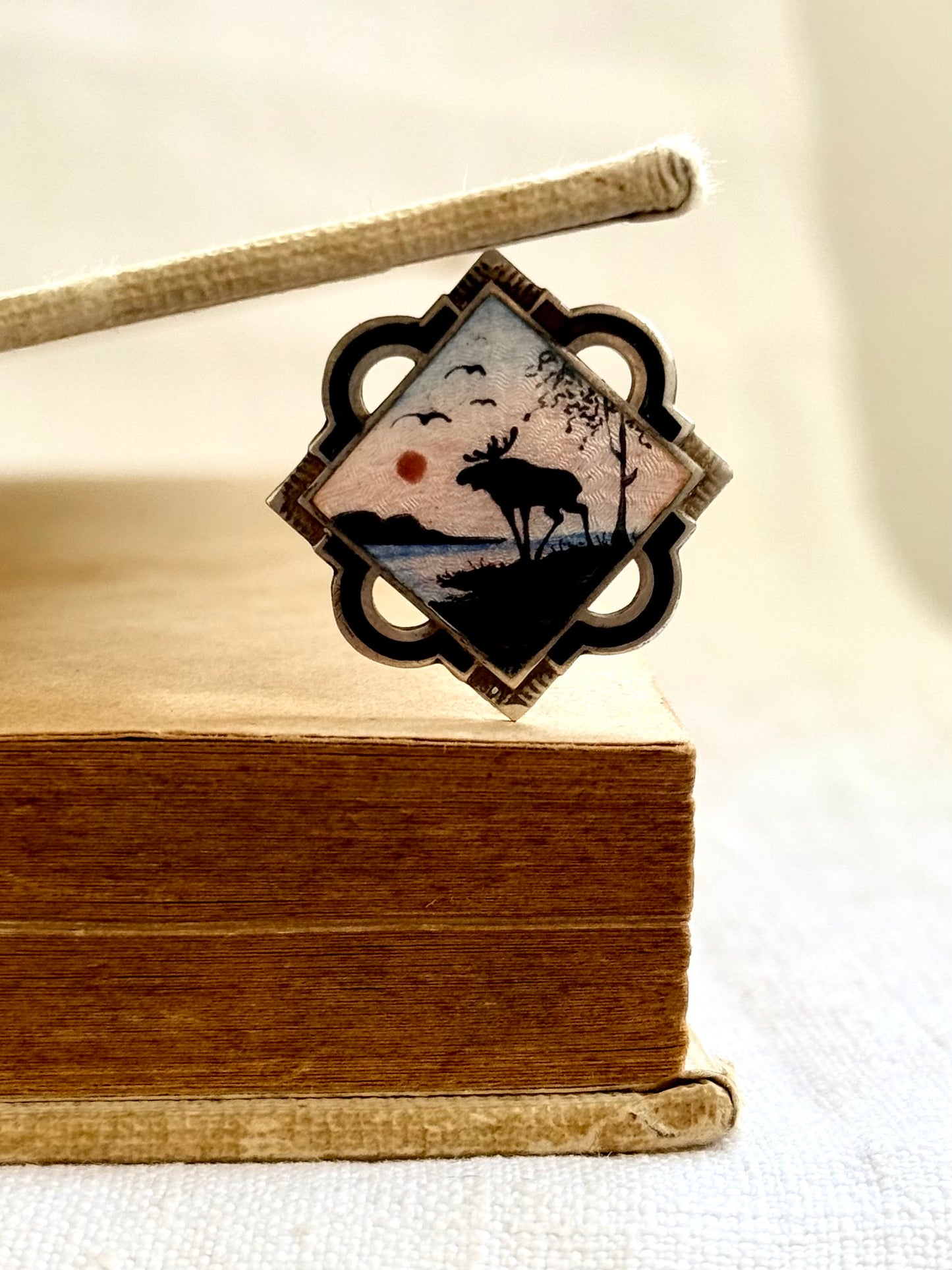 .1940s .925 enamel Scandinavian Modernist Norwegian MCM oval sunset Elk Rain Deer Seascape landscape collectors brooch