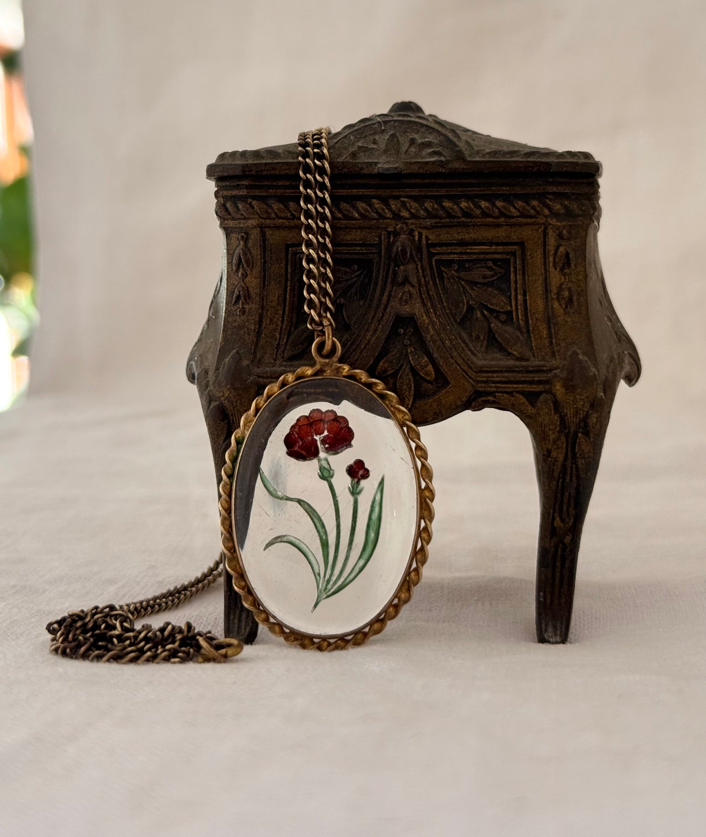 .1900s .1920s antique artisan reverse glass Carnation flower hand painted floral glass cabochon pendant
