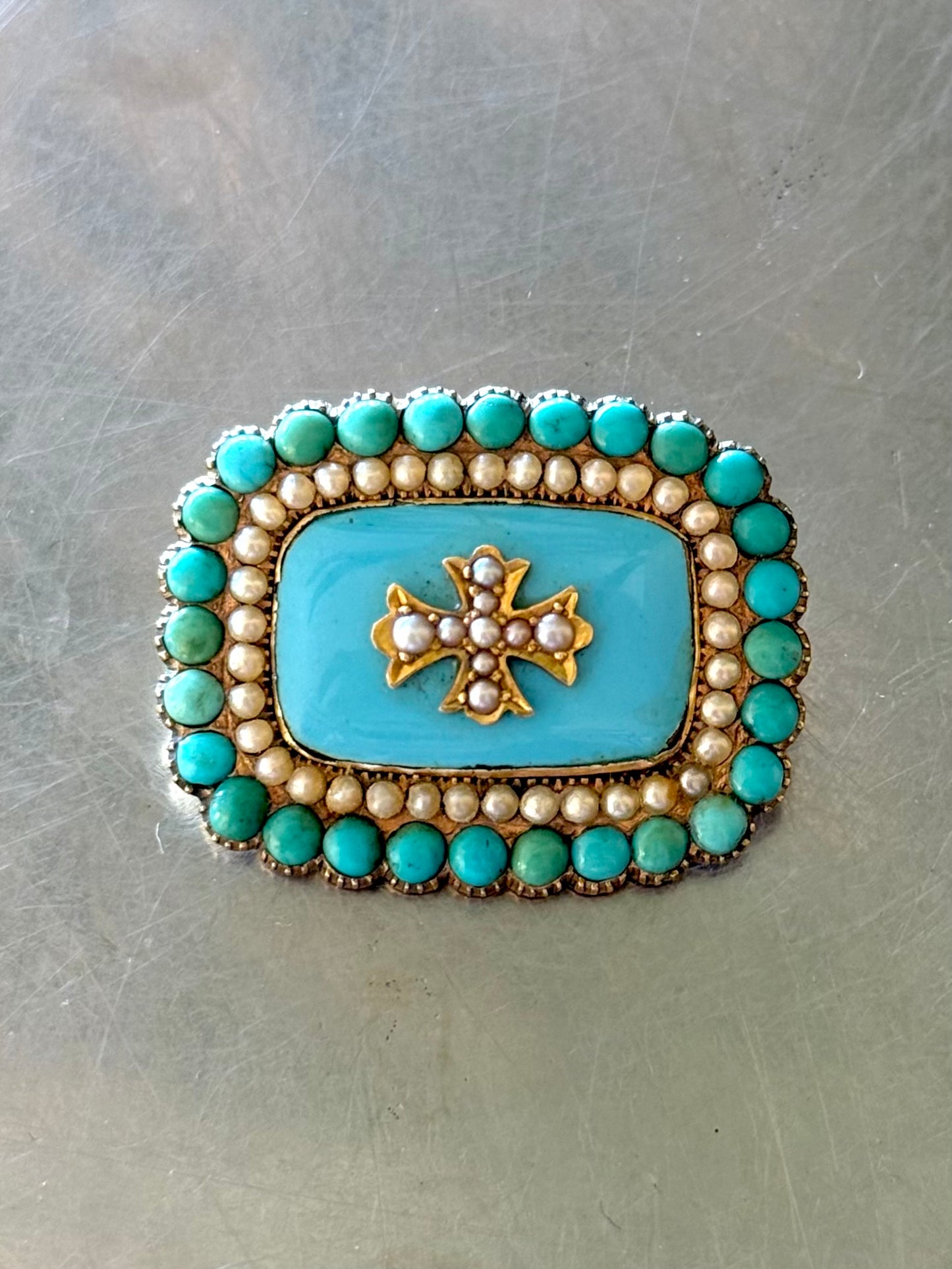 .15ct .1800s antique late Georgian early Victorian rare and magnificent Turquoise Pearl enamel high carat gold Maltese cross brooch pin