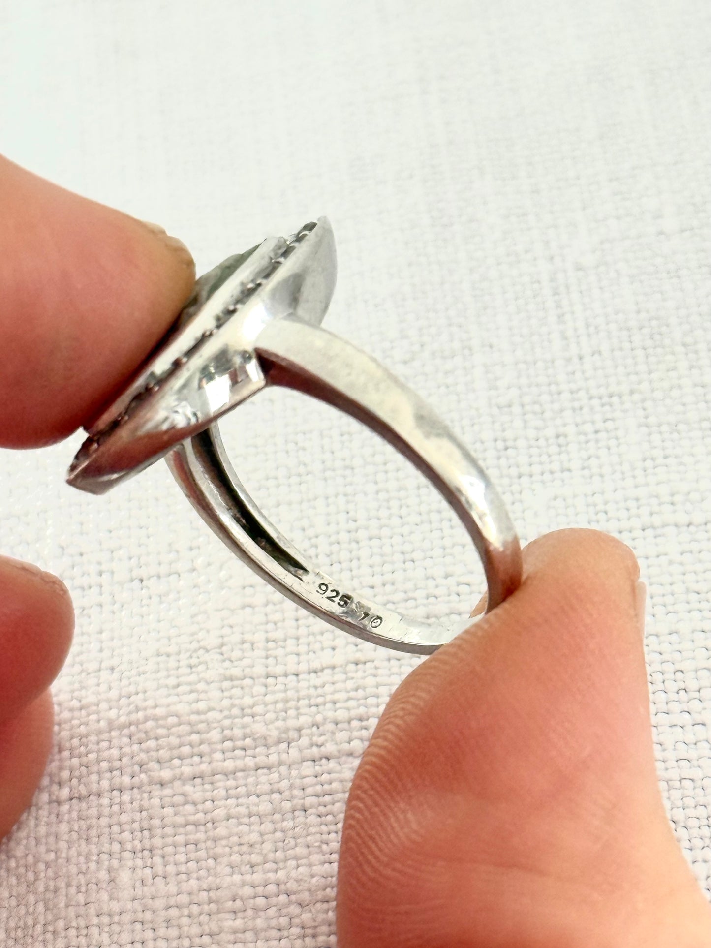 .1970s .925 dancing dame Grecian style moss green Jasperware high relief Wedgwood cameo set into modernist clear gemstone naiveté sterling silver dress ring