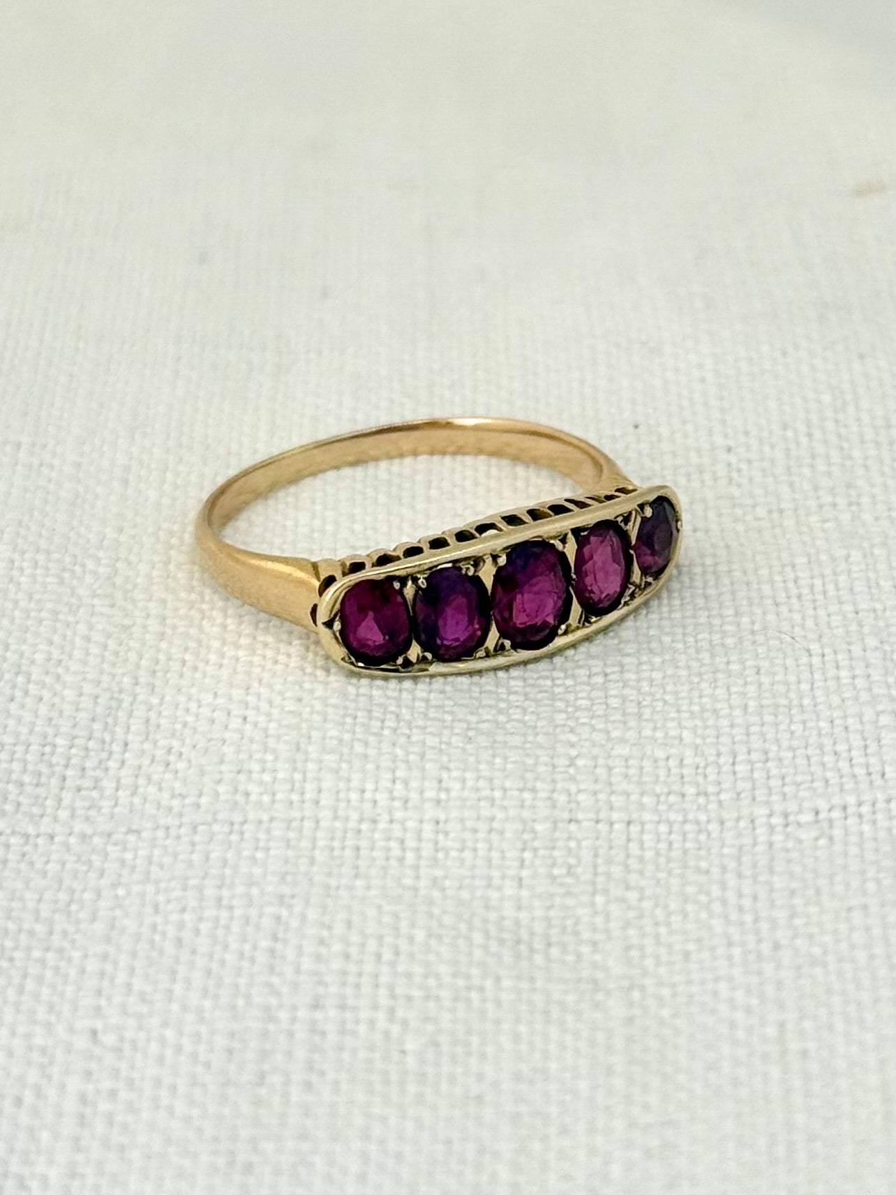 .14ct .1900s .1910s antique heirloom Pink Ruby 5 stone across Edwardian yellow gold half eternity boat ring dress ring