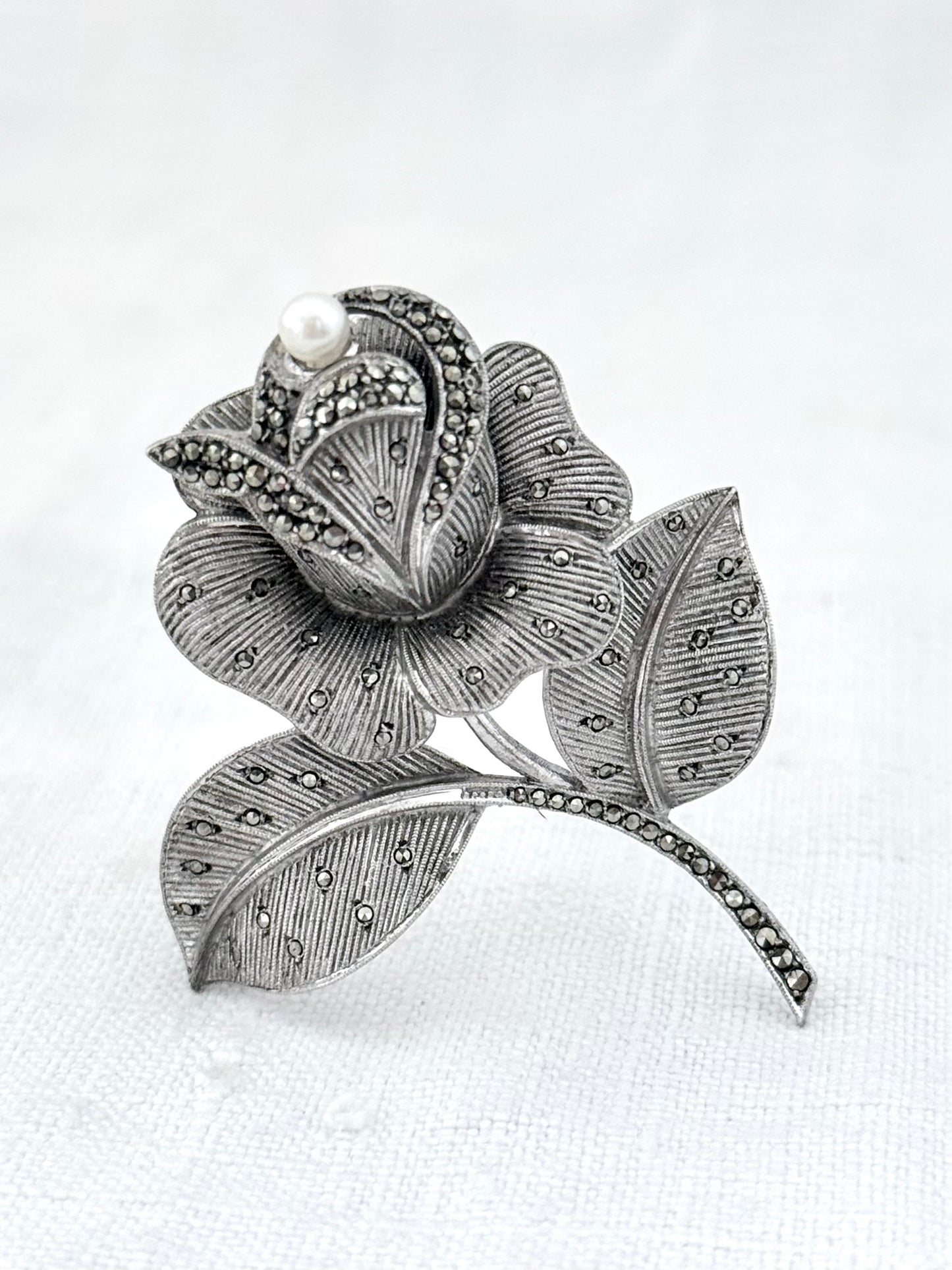 .1940s .1950s .925 silver Theodor Fahrner Mid Century Modern rose flower Art Deco revival renowned German floral romantic sterling silver, pearl and marcasite designer brooch pin
