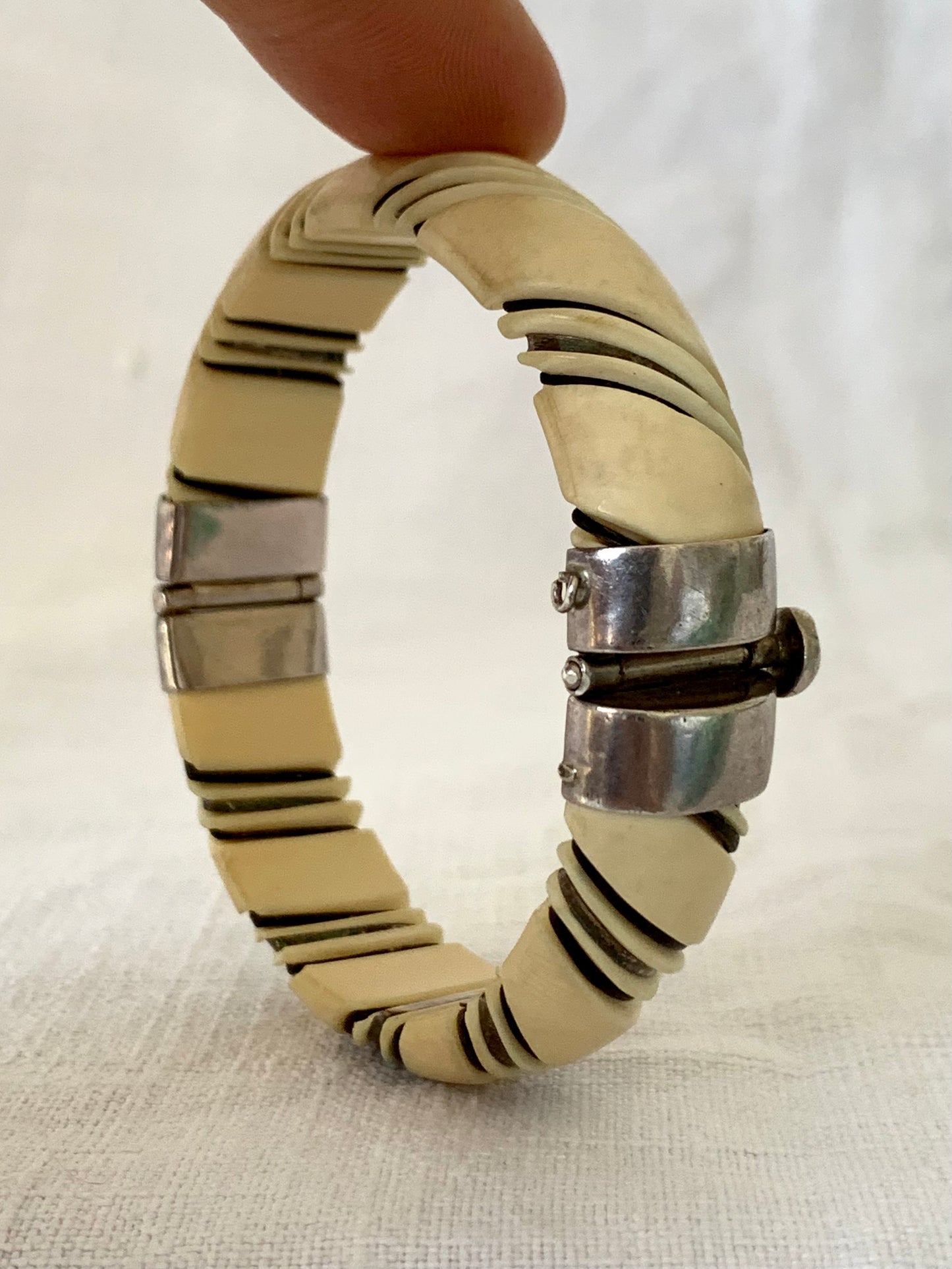 .925 1960s 1970s pre ban ivory bone sterling silver wire and elephant hair wrapped clasp bangle