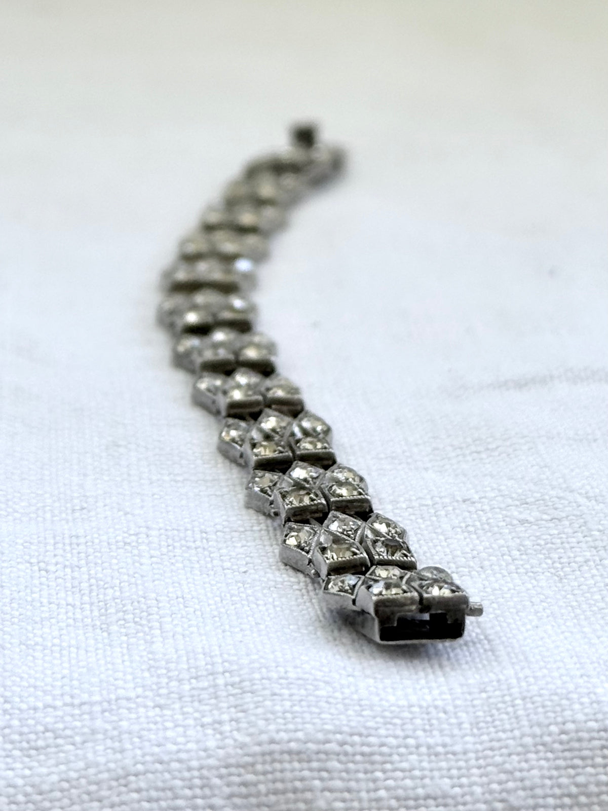 .1930s .1940s .925 Art Deco style diamond paste stone triple fancy link tennis style sterling silver tennis clasp bracelet