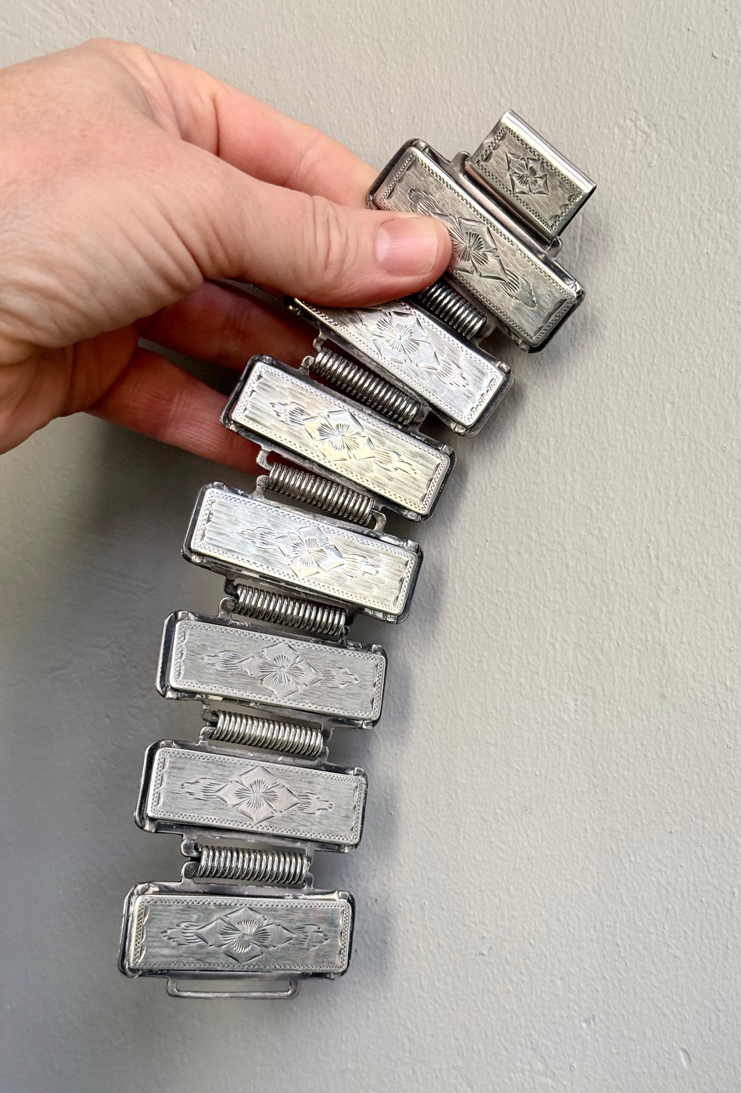 .1880s .1890s .925 Aesthetic Victorian era wide link and solid silver etched panel bracelet