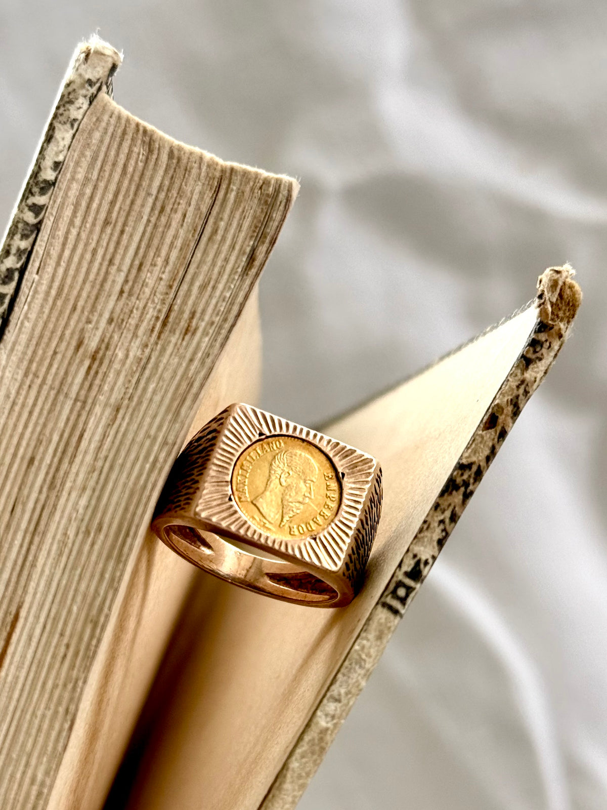.1960s circa .1865 .375 .9ct gold modernist coin token ring with 22k Mexican circa 1865 high carat gold Emperor Maximiliano collectors coin token