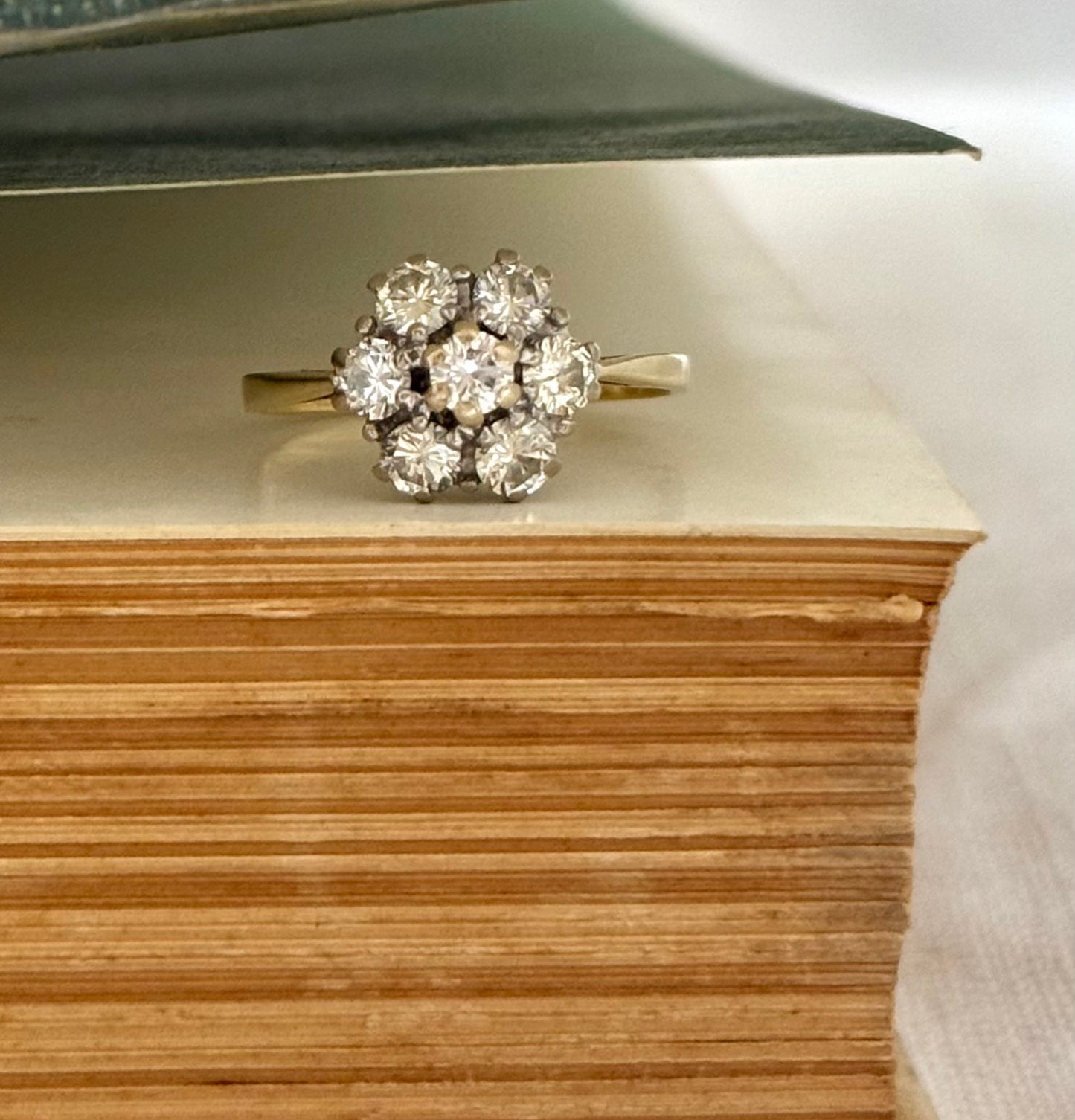 .18ct .1900s 1.00ct round brilliant antique floral cluster rosette high carat 750 yellow and white gold ring