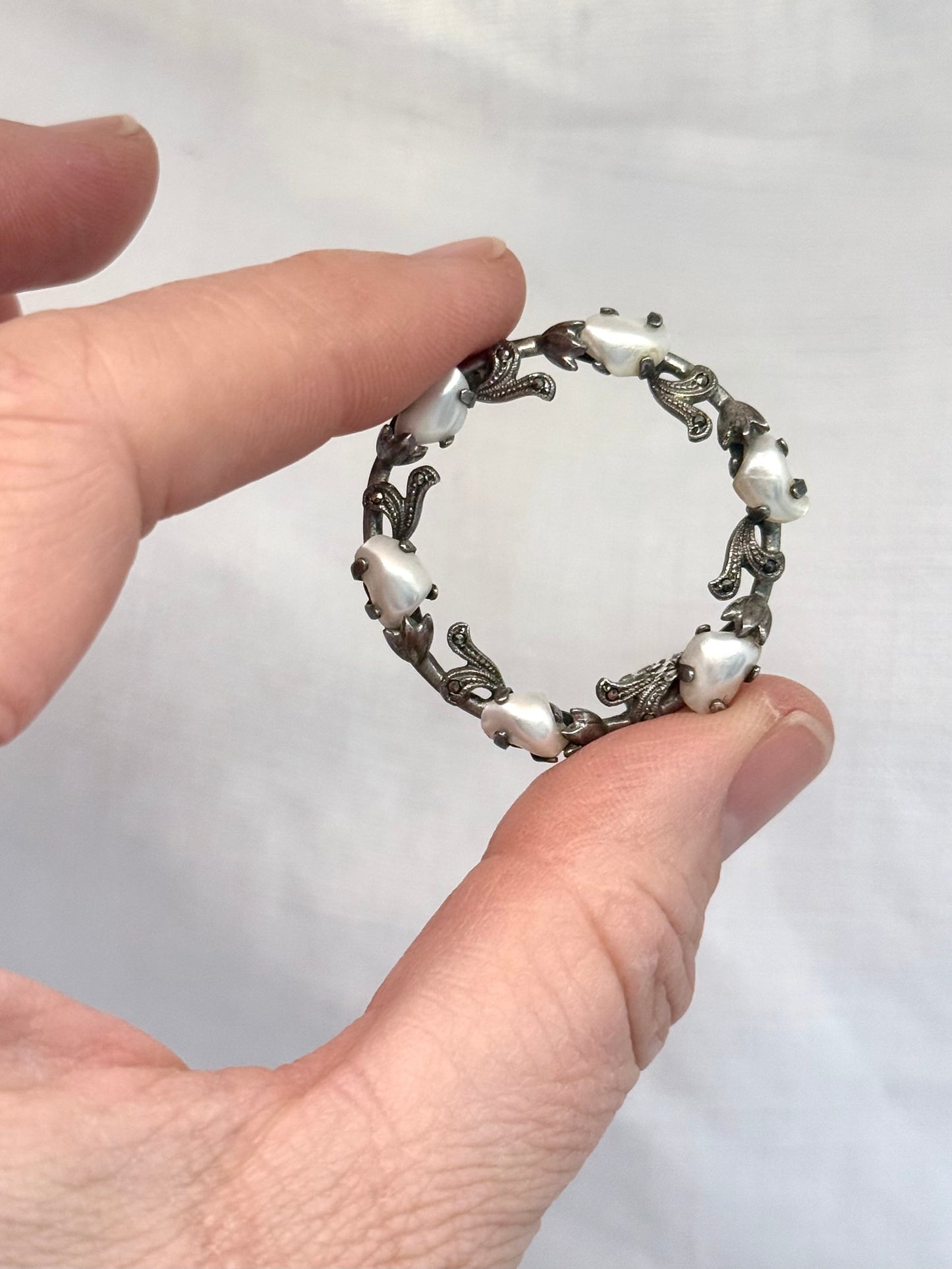 .1930s .1940s Arts & Crafts baroque pearl freshwater pearl sterling silver pearl marcasite wreath brooch