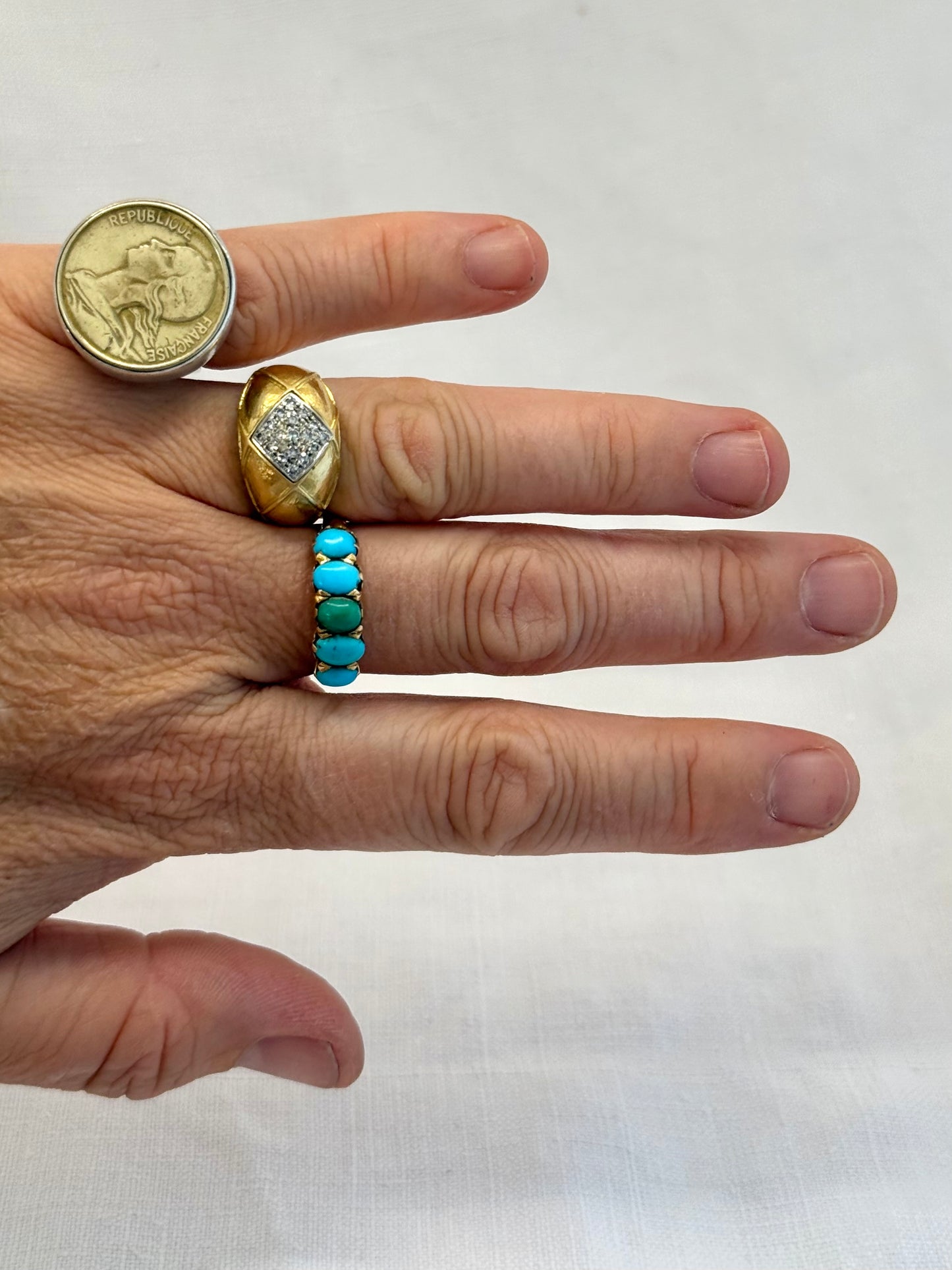 .18ct .1890s .5 turquoise Victorian blue gemstone half eternity high carat gold dress ring