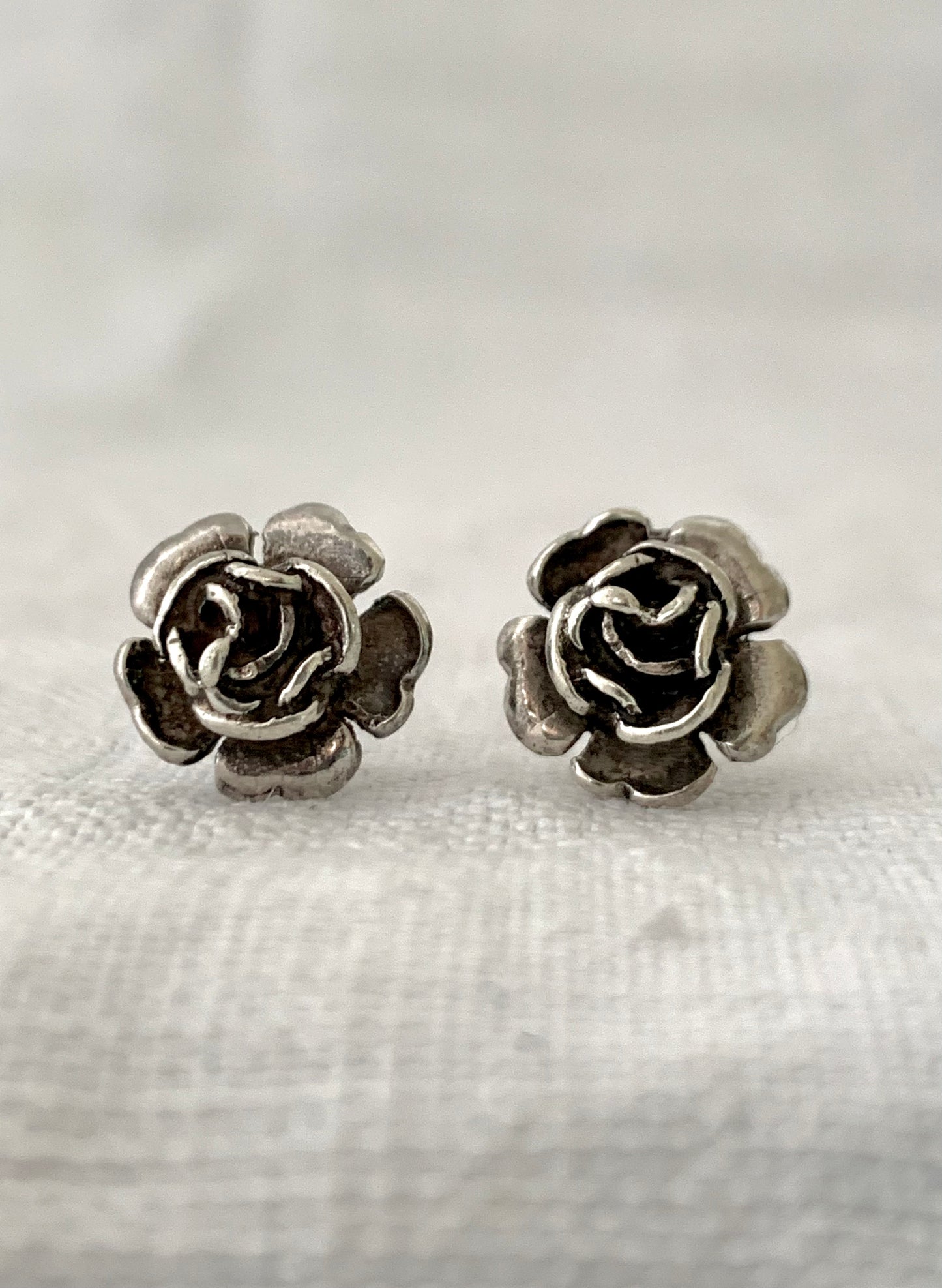 .925 1970s 12mm diameter 3-D Rose flower sterling silver floral post push in stud earrings